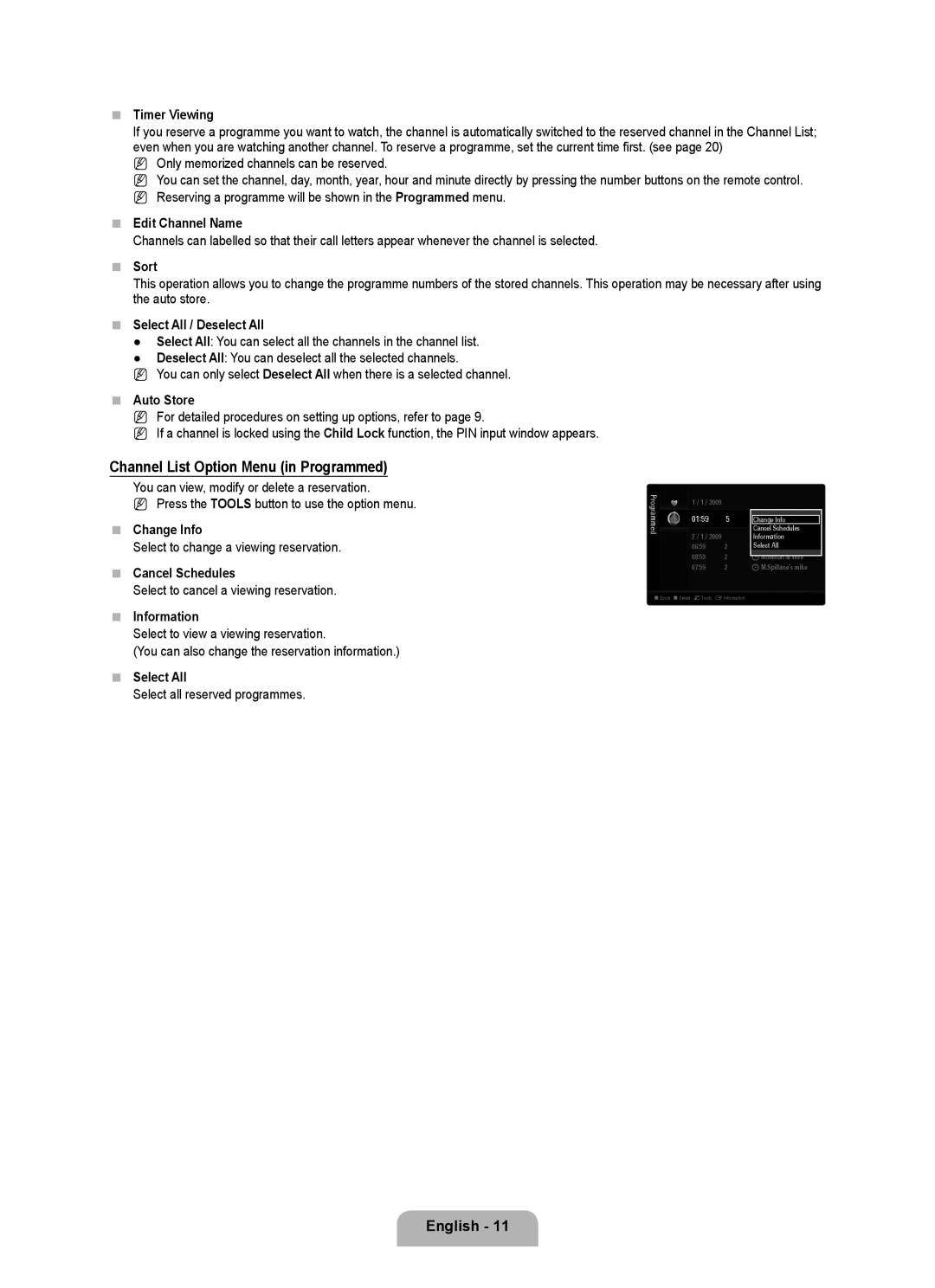 Samsung BN68-02017A-01 user manual Channel List Option Menu in Programmed 