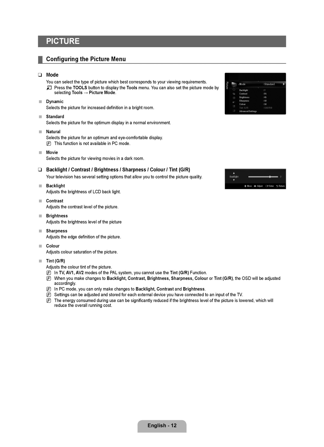 Samsung BN68-02017A-01 user manual Configuring the Picture Menu, Mode 