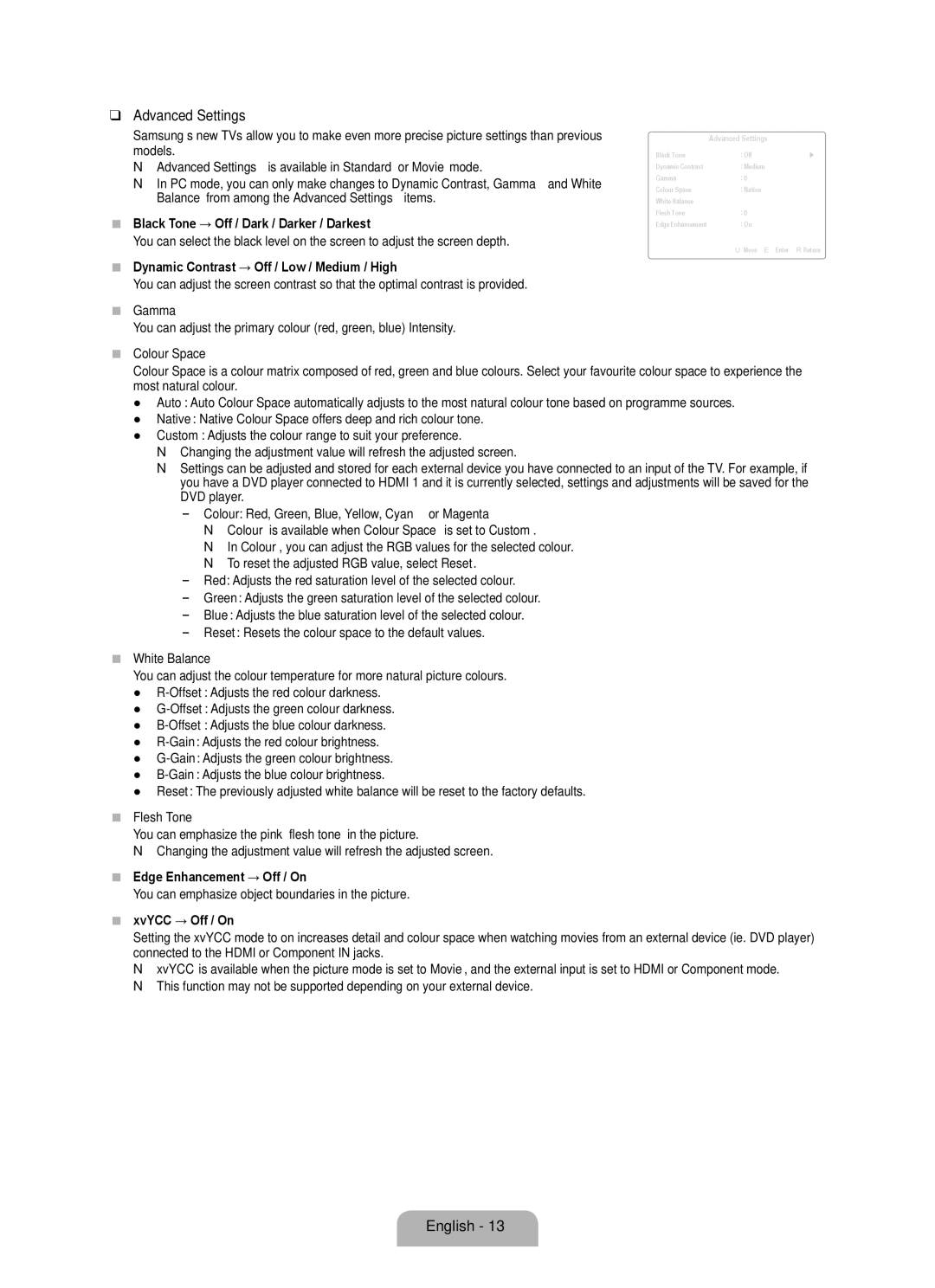 Samsung BN68-02017A-01 user manual Advanced Settings 