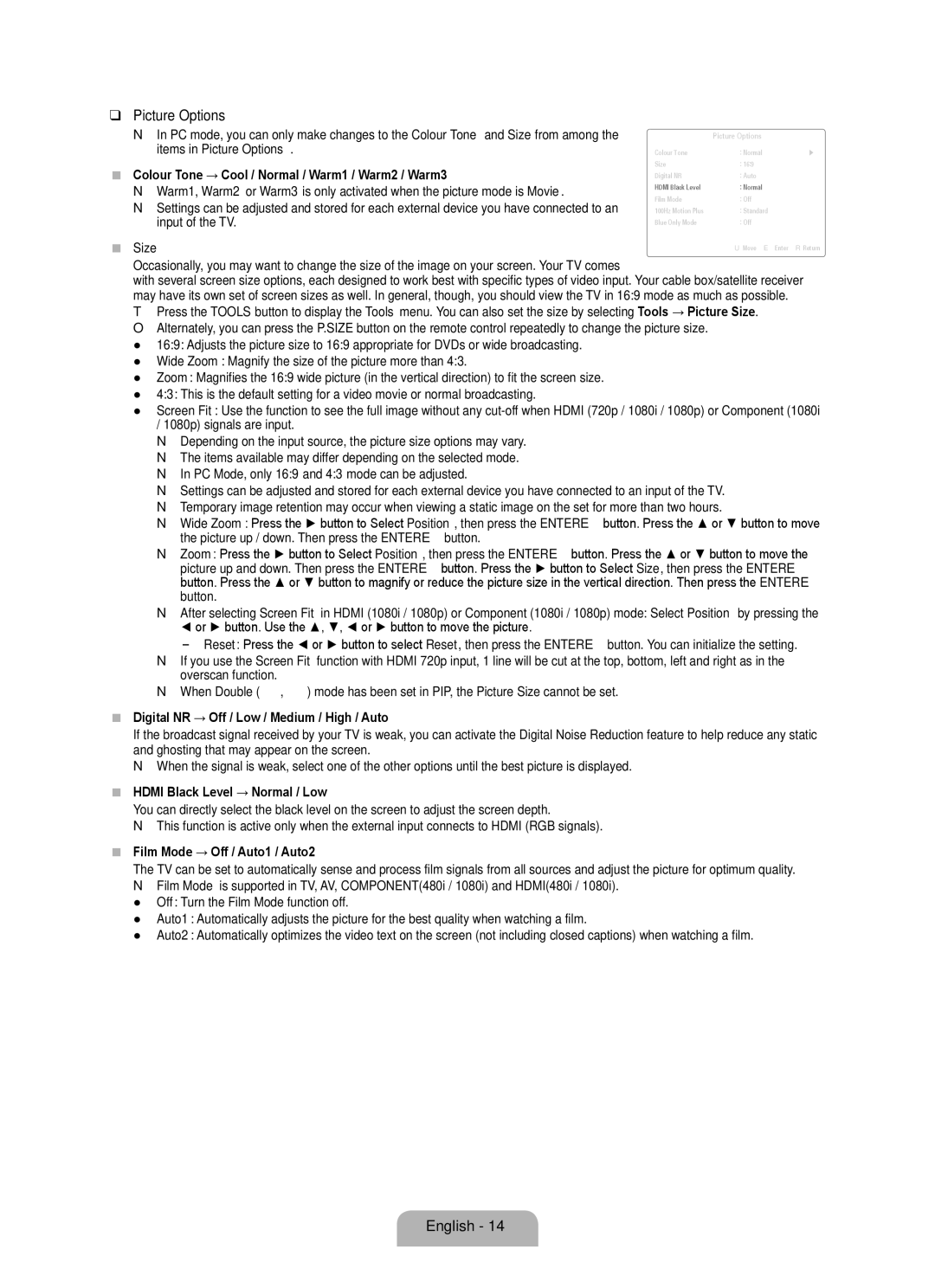 Samsung BN68-02017A-01 user manual Picture Options, 1080p signals are input, Digital NR → Off / Low / Medium / High / Auto 