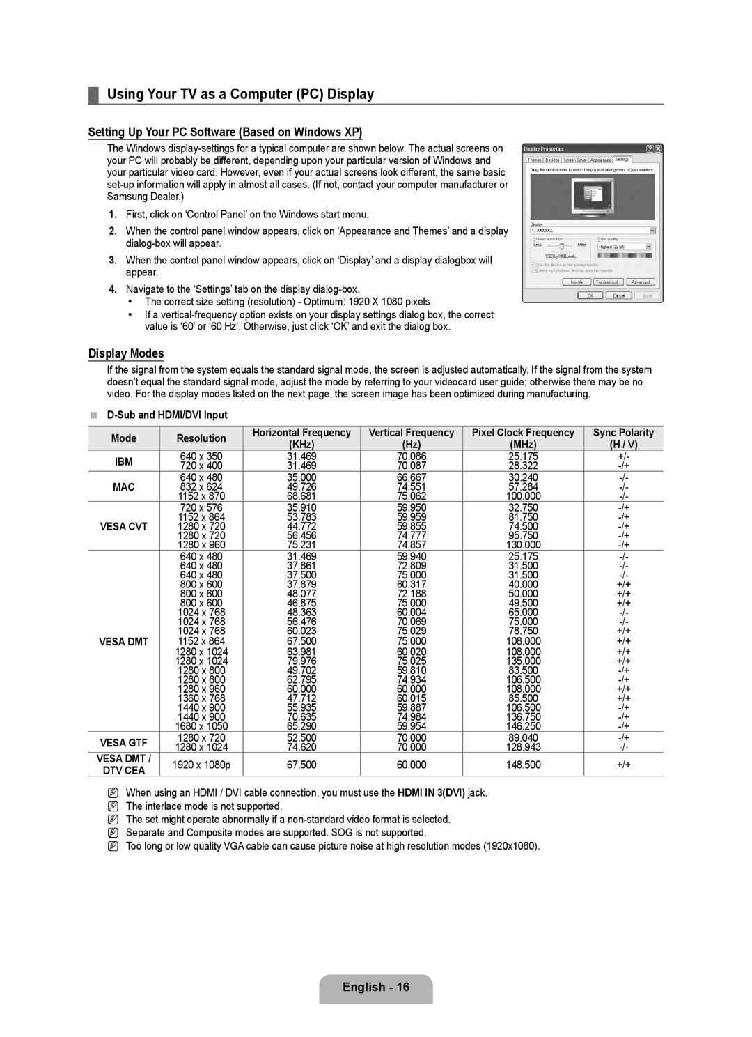 Samsung BN68-02017A-01 user manual Using Your TV as a Computer PC Display, Setting Up Your PC Software Based on Windows XP 