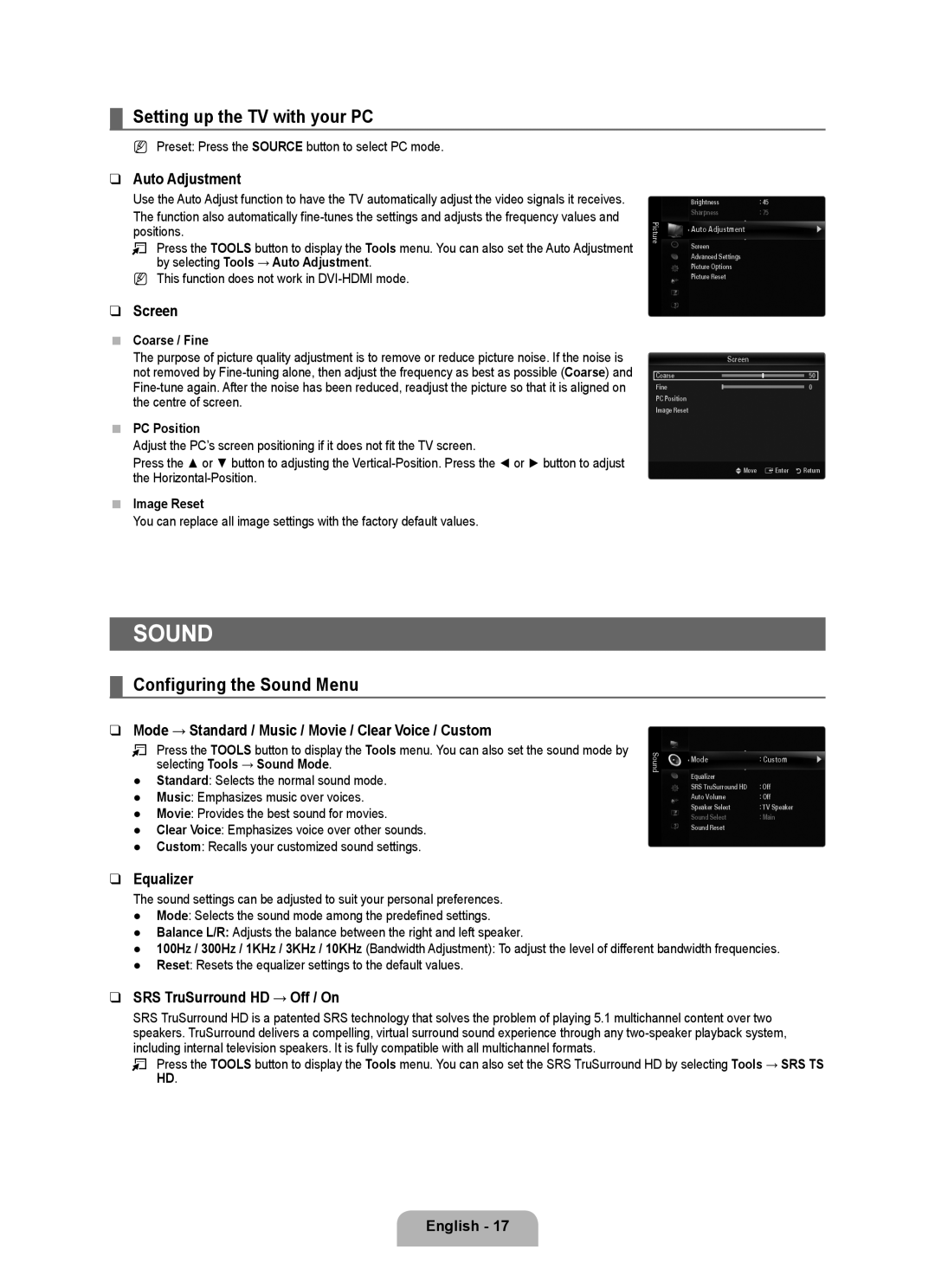 Samsung BN68-02017A-01 user manual Setting up the TV with your PC, Configuring the Sound Menu 