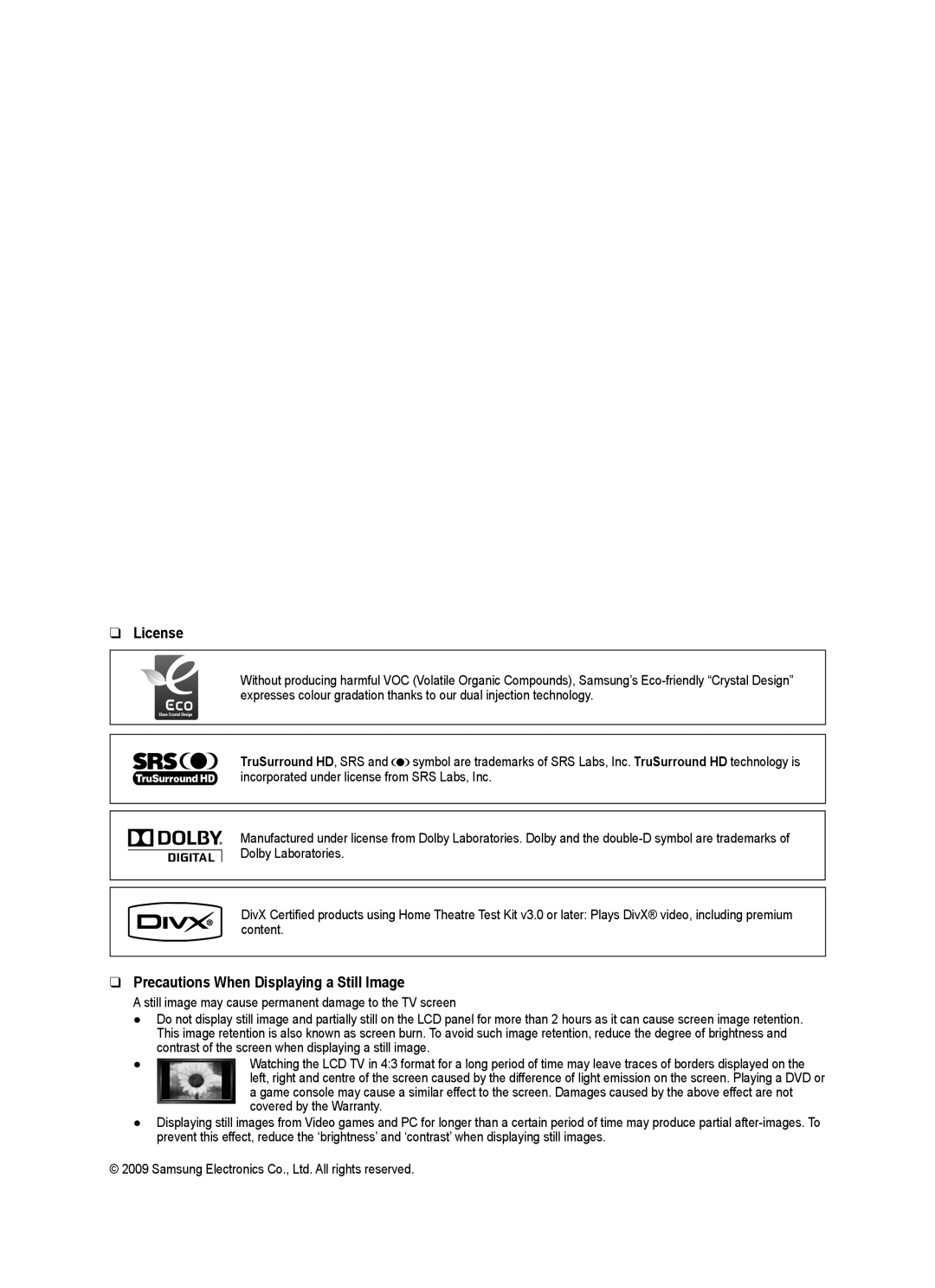 Samsung BN68-02017A-01 user manual License, Precautions When Displaying a Still Image 