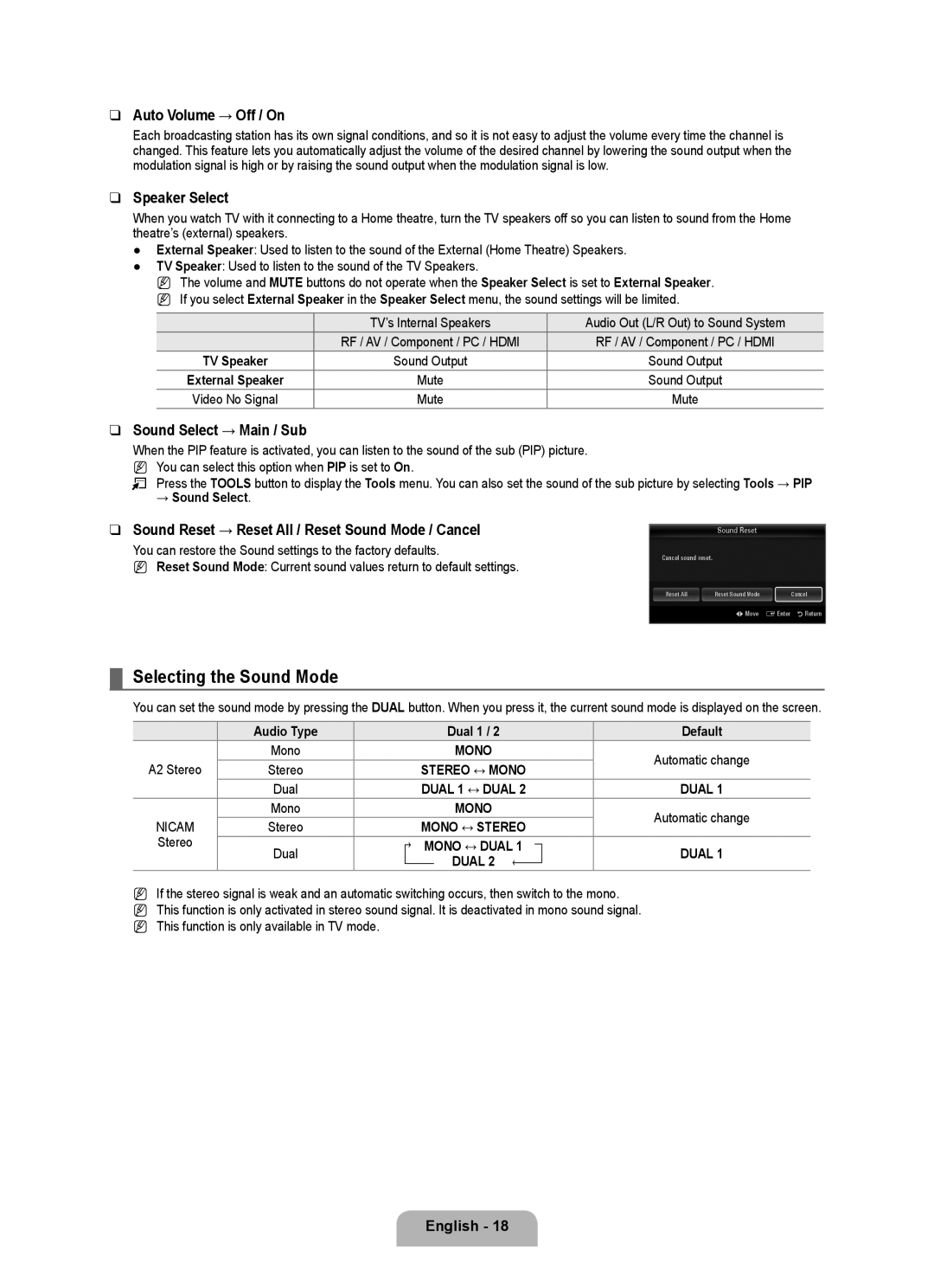 Samsung BN68-02017A-01 Selecting the Sound Mode, Auto Volume → Off / On, Speaker Select, Sound Select → Main / Sub 