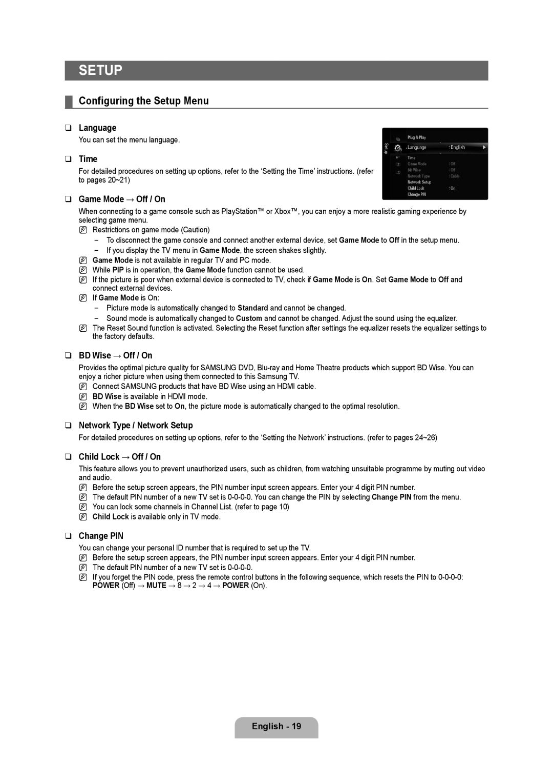 Samsung BN68-02017A-01 user manual Configuring the Setup Menu 