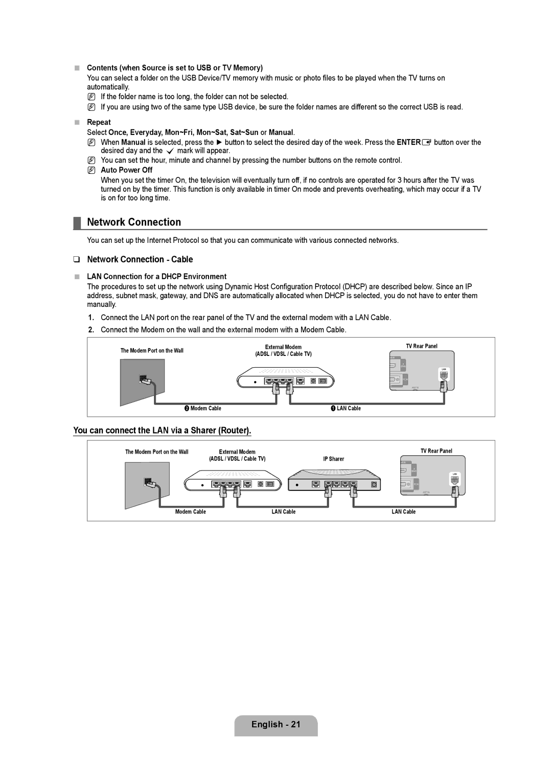 Samsung BN68-02017A-01 user manual Network Connection Cable, You can connect the LAN via a Sharer Router 