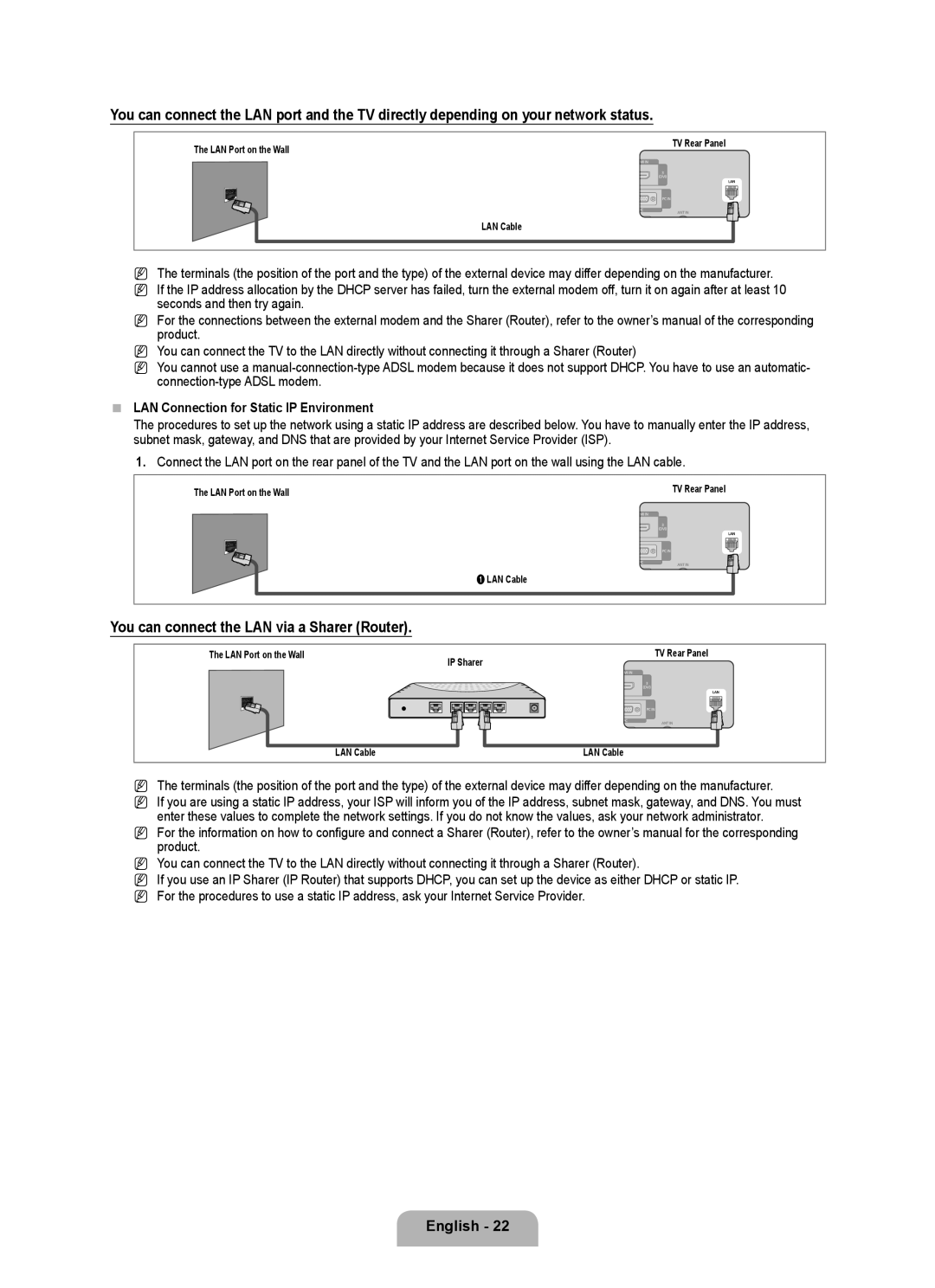 Samsung BN68-02017A-01 user manual LAN Connection for Static IP Environment 