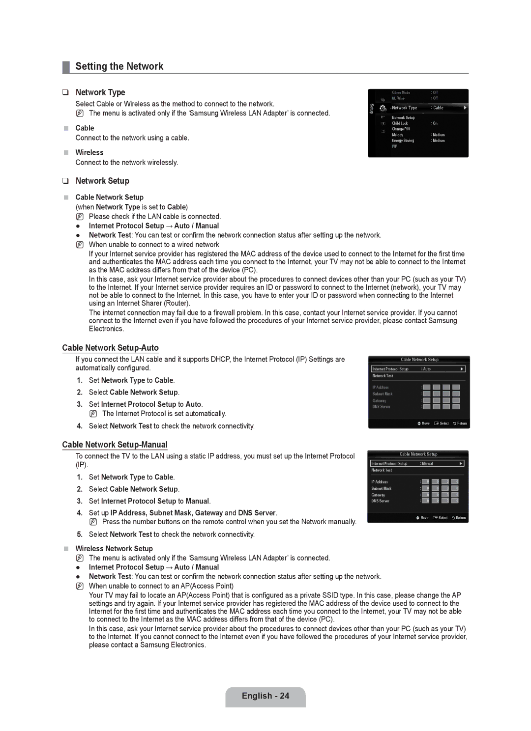 Samsung BN68-02017A-01 Setting the Network, Network Type, Cable Network Setup-Auto, Cable Network Setup-Manual 