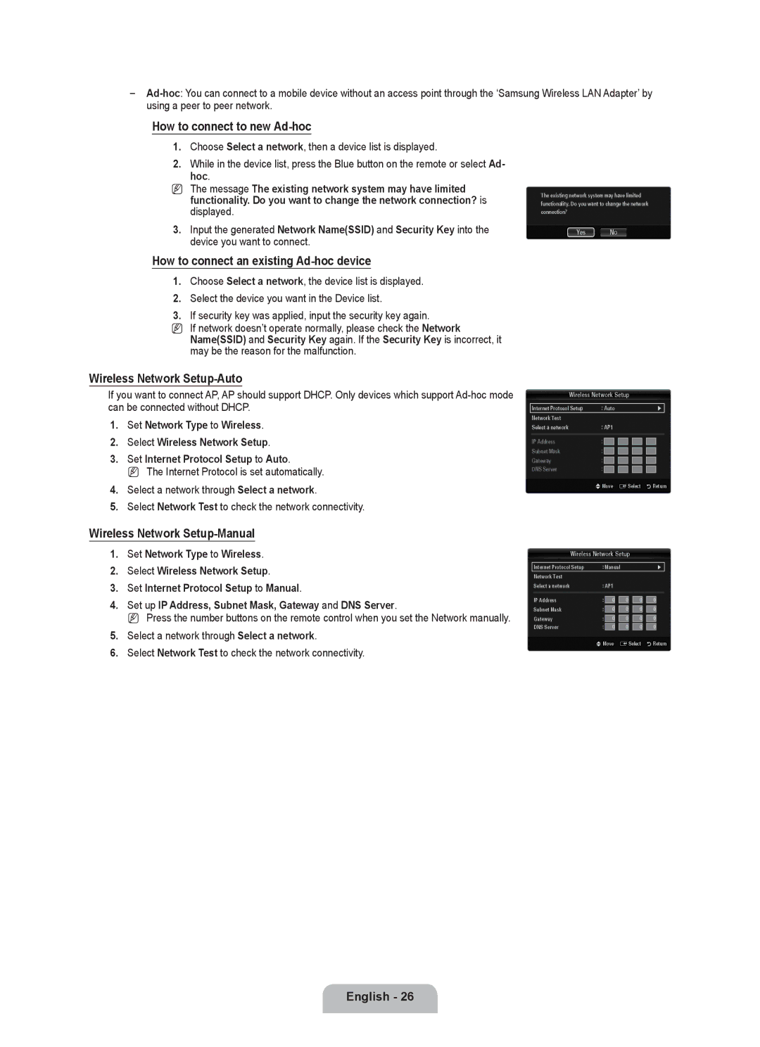 Samsung BN68-02017A-01 How to connect to new Ad-hoc, How to connect an existing Ad-hoc device, Wireless Network Setup-Auto 