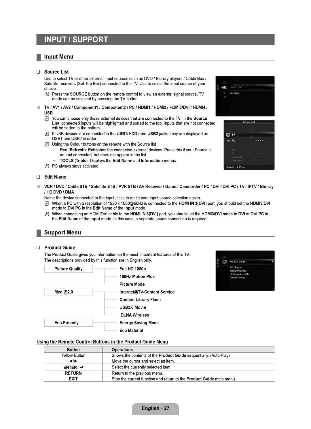 Samsung BN68-02017A-01 user manual Input / Support, Input Menu, Support Menu 