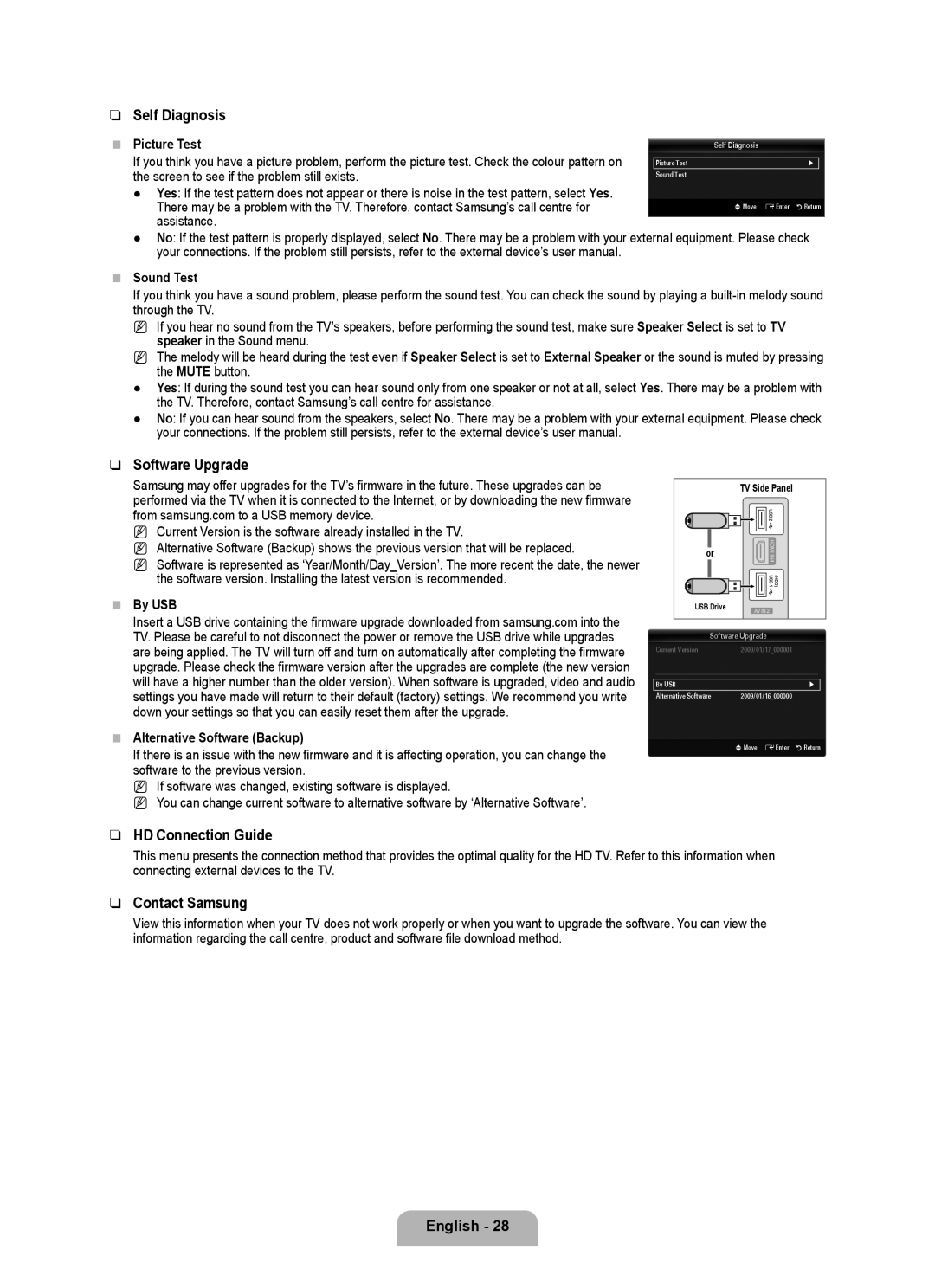 Samsung BN68-02017A-01 user manual Self Diagnosis, Software Upgrade, HD Connection Guide, Contact Samsung 