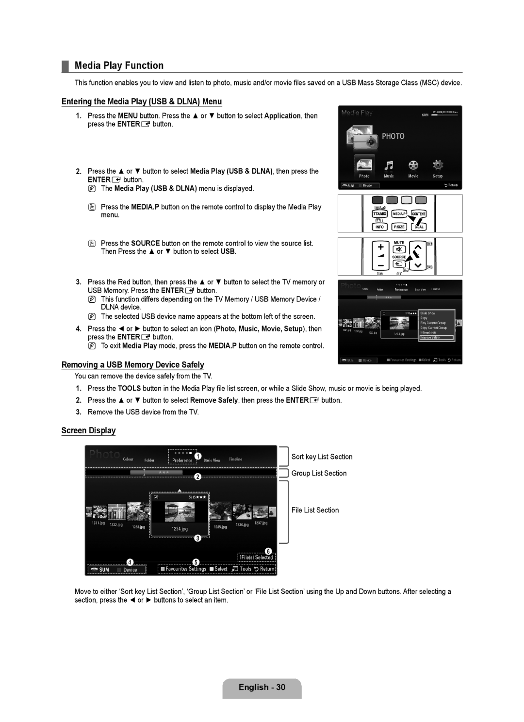 Samsung BN68-02017A-01 Media Play Function, Entering the Media Play USB & Dlna Menu, Removing a USB Memory Device Safely 