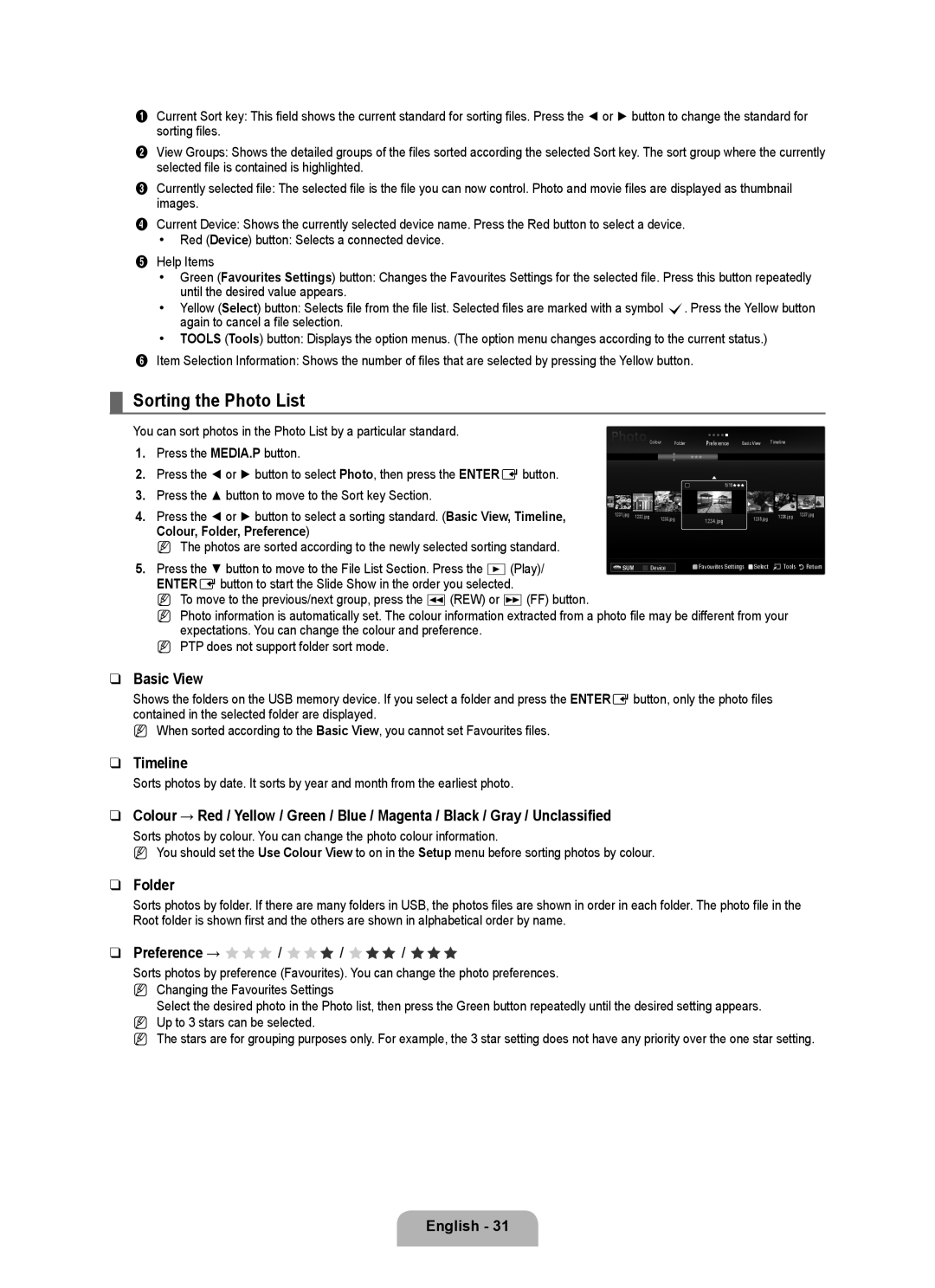 Samsung BN68-02017A-01 user manual Sorting the Photo List, Basic View, Timeline, Folder, Preference → FFF / FFF / FFF / FFF 