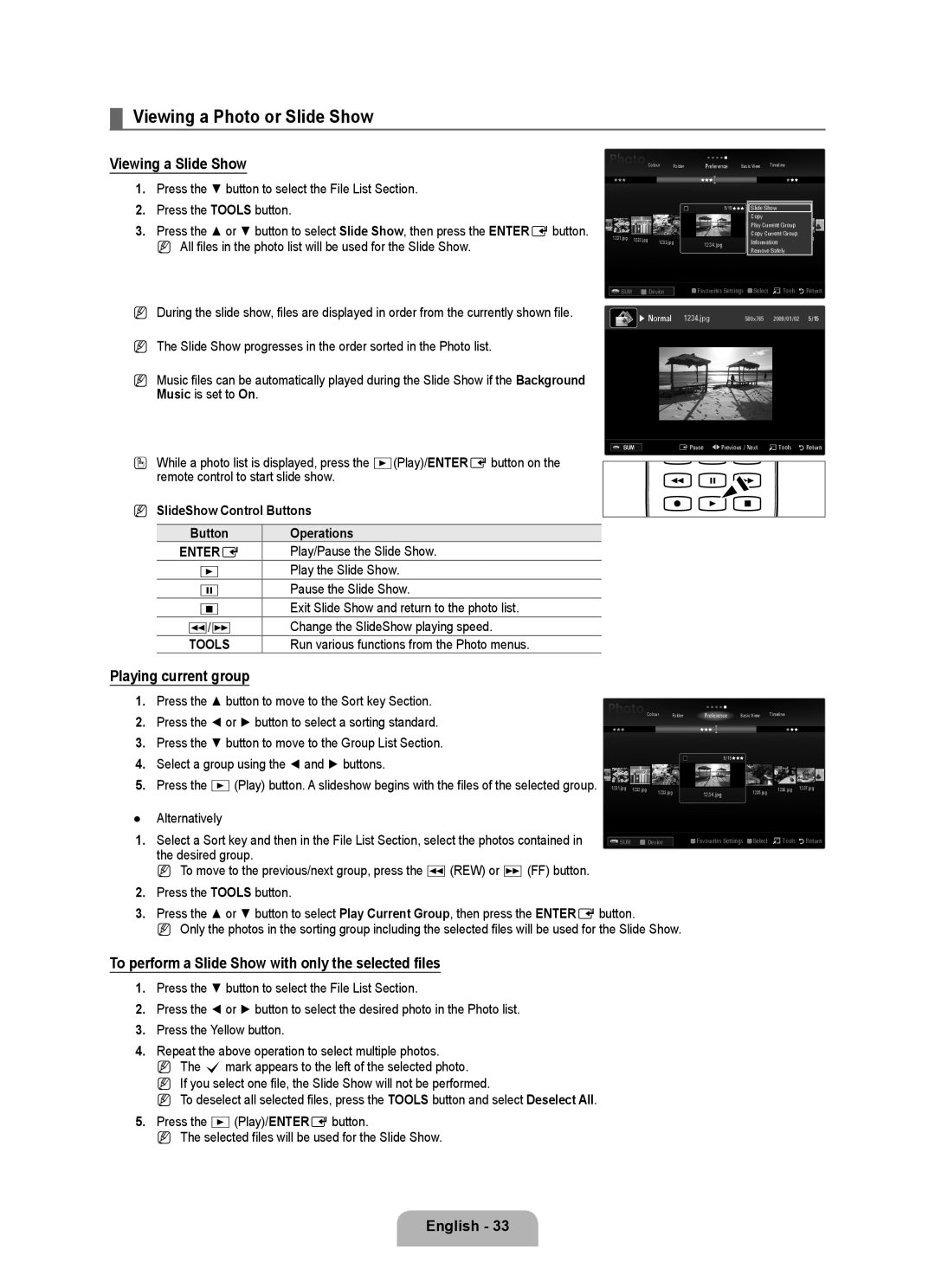 Samsung BN68-02017A-01 user manual Viewing a Photo or Slide Show, Viewing a Slide Show, Playing current group, English  