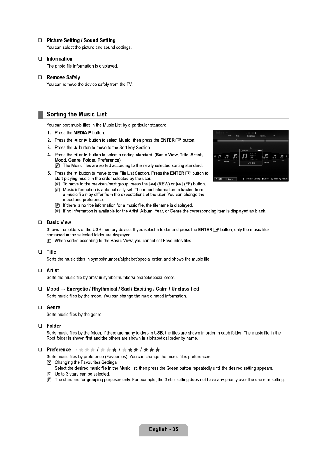 Samsung BN68-02017A-01 user manual Sorting the Music List, Picture Setting / Sound Setting, Title, Artist, Genre 