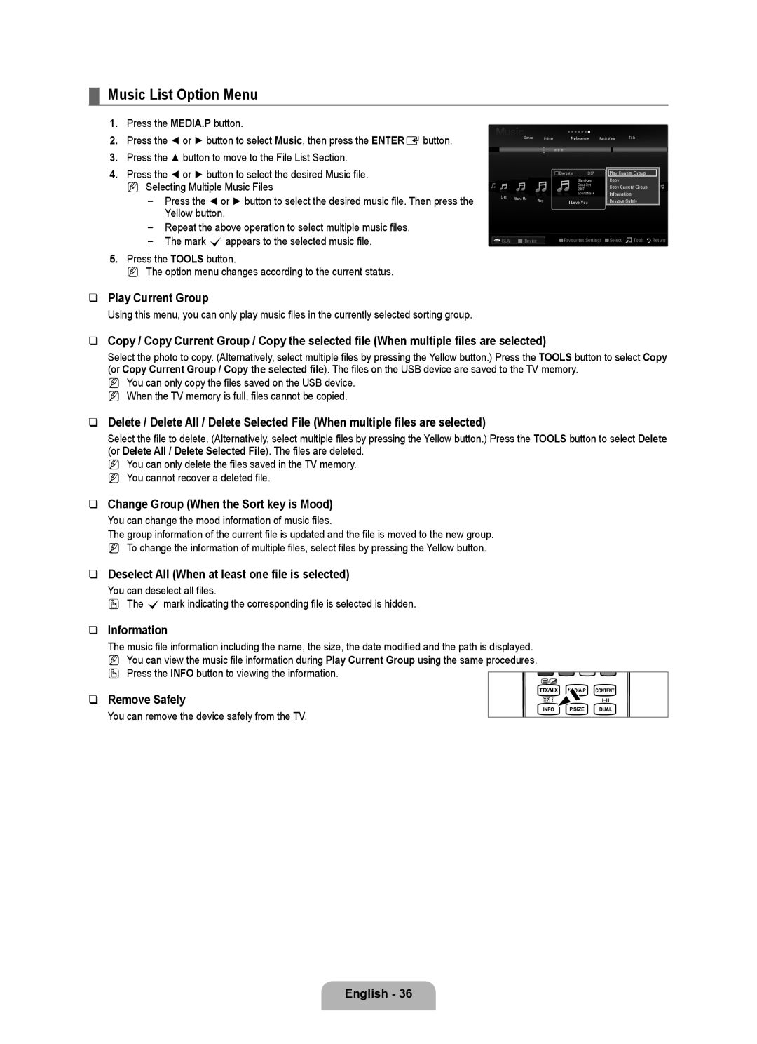 Samsung BN68-02017A-01 user manual Music List Option Menu, Change Group When the Sort key is Mood 