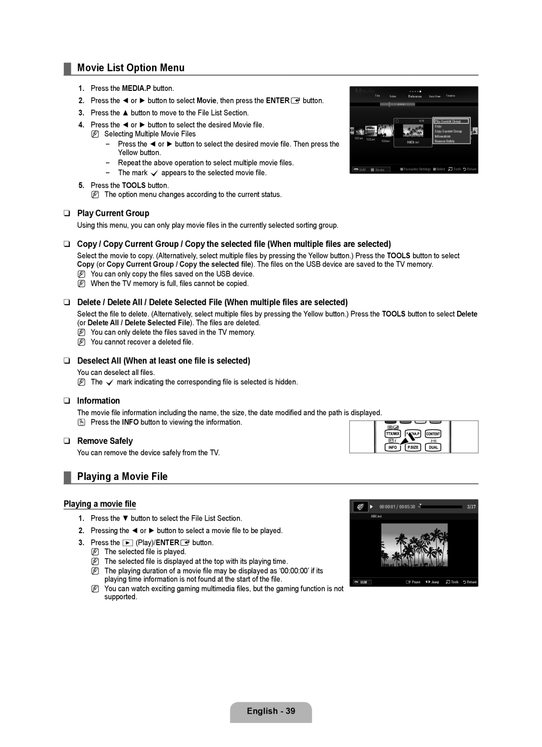 Samsung BN68-02017A-01 user manual Movie List Option Menu, Playing a Movie File, Playing a movie file 