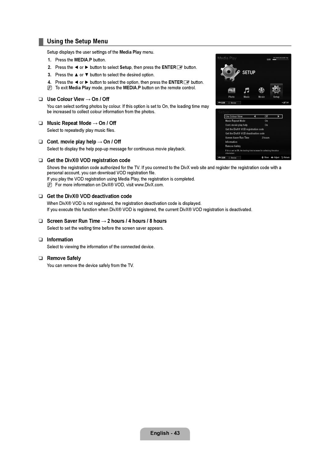 Samsung BN68-02017A-01 user manual Using the Setup Menu 