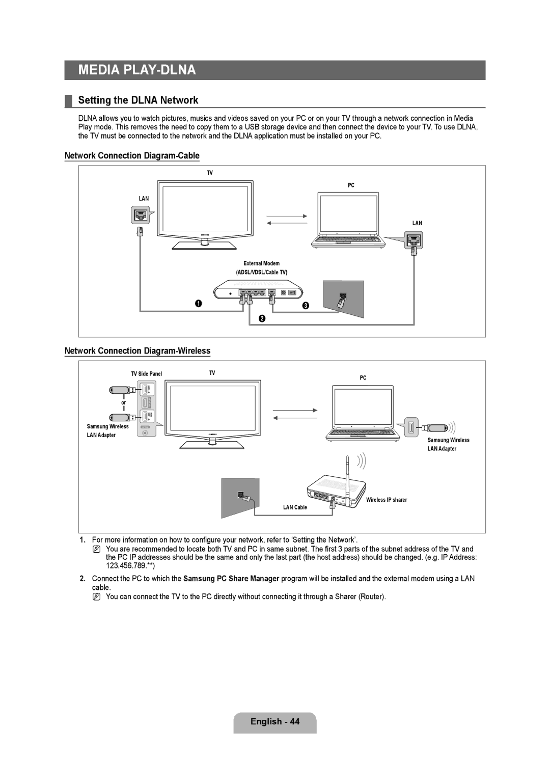 Samsung BN68-02017A-01 user manual Media PLAY-DLNA, Setting the Dlna Network, Network Connection Diagram-Cable 