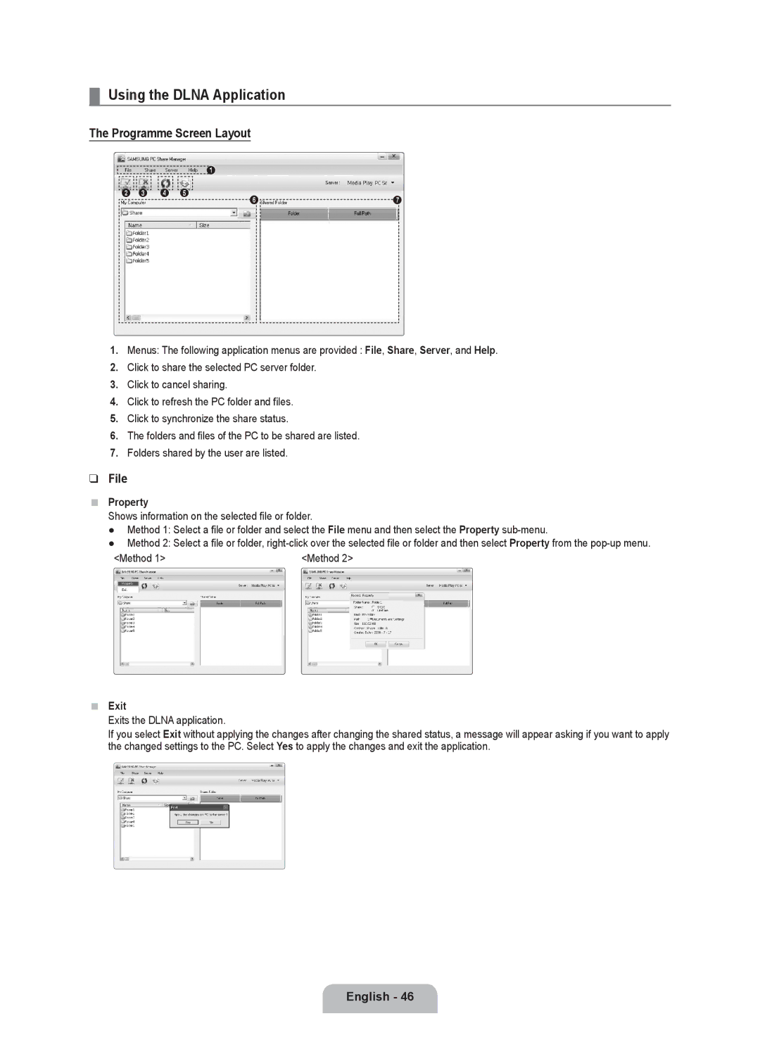 Samsung BN68-02017A-01 user manual Using the Dlna Application, Programme Screen Layout, File, Property, Exit 