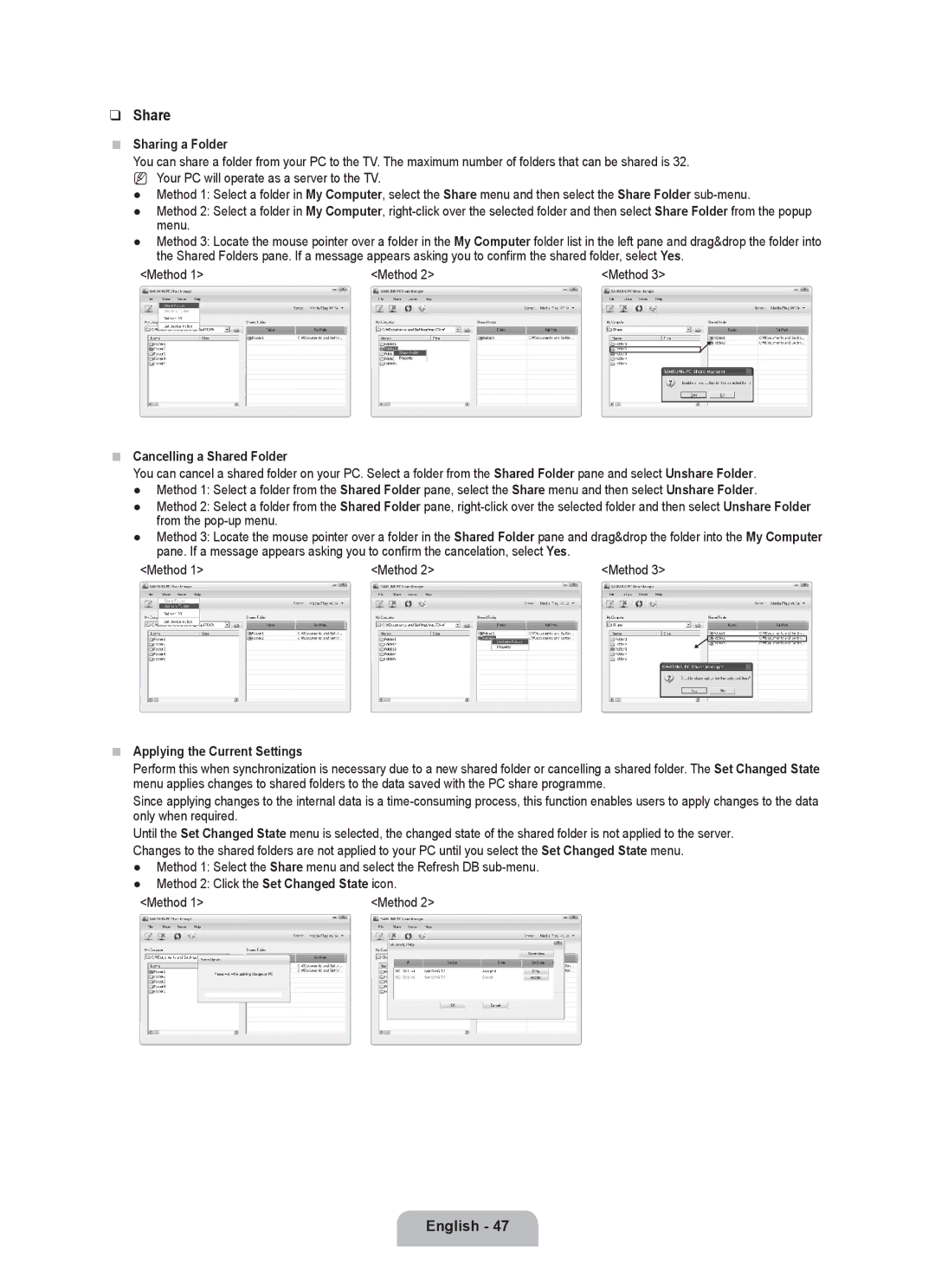 Samsung BN68-02017A-01 user manual Sharing a Folder, Method, Cancelling a Shared Folder, Applying the Current Settings 