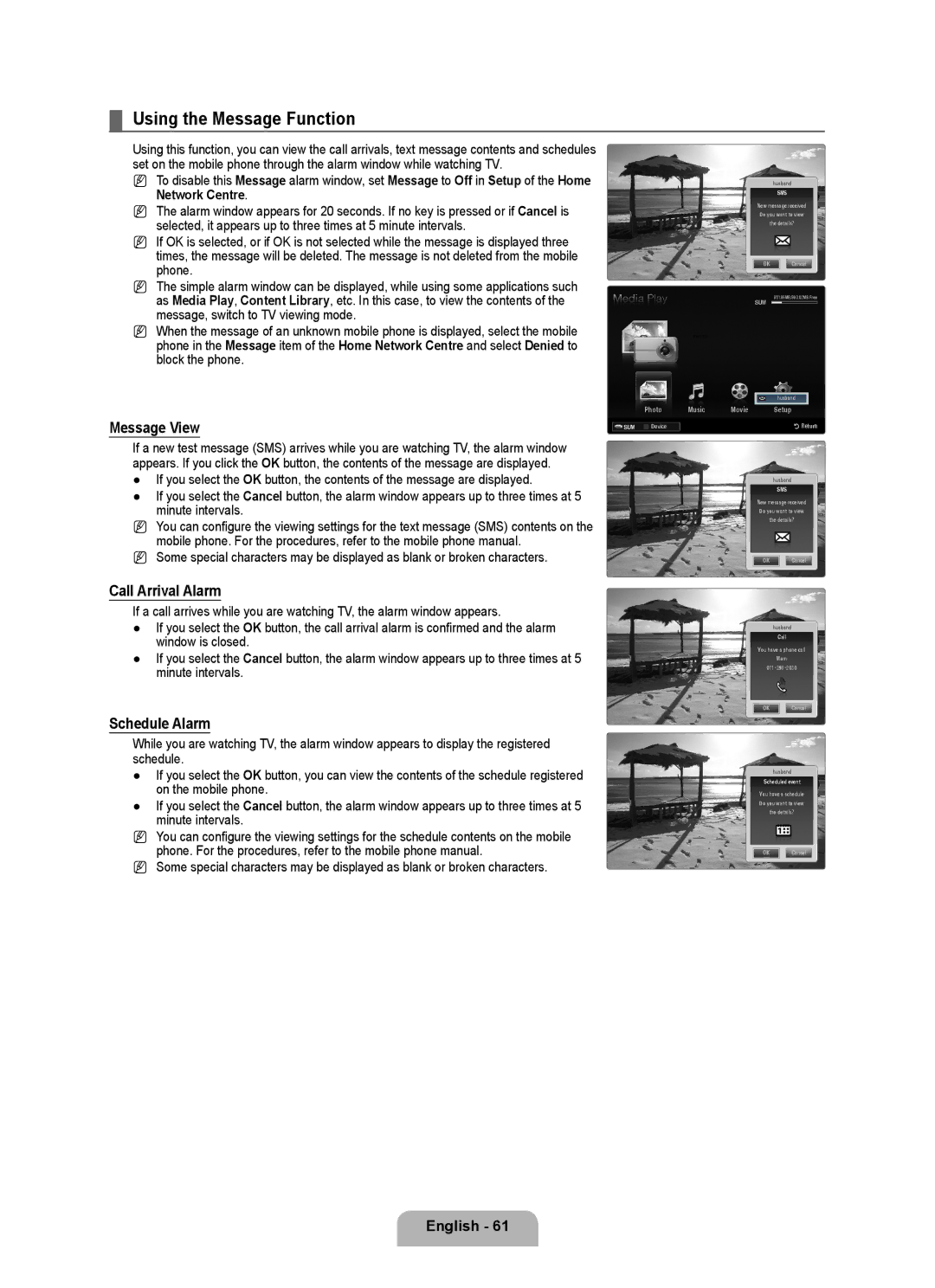 Samsung BN68-02017A-01 user manual Using the Message Function, Message View, Call Arrival Alarm, Schedule Alarm 