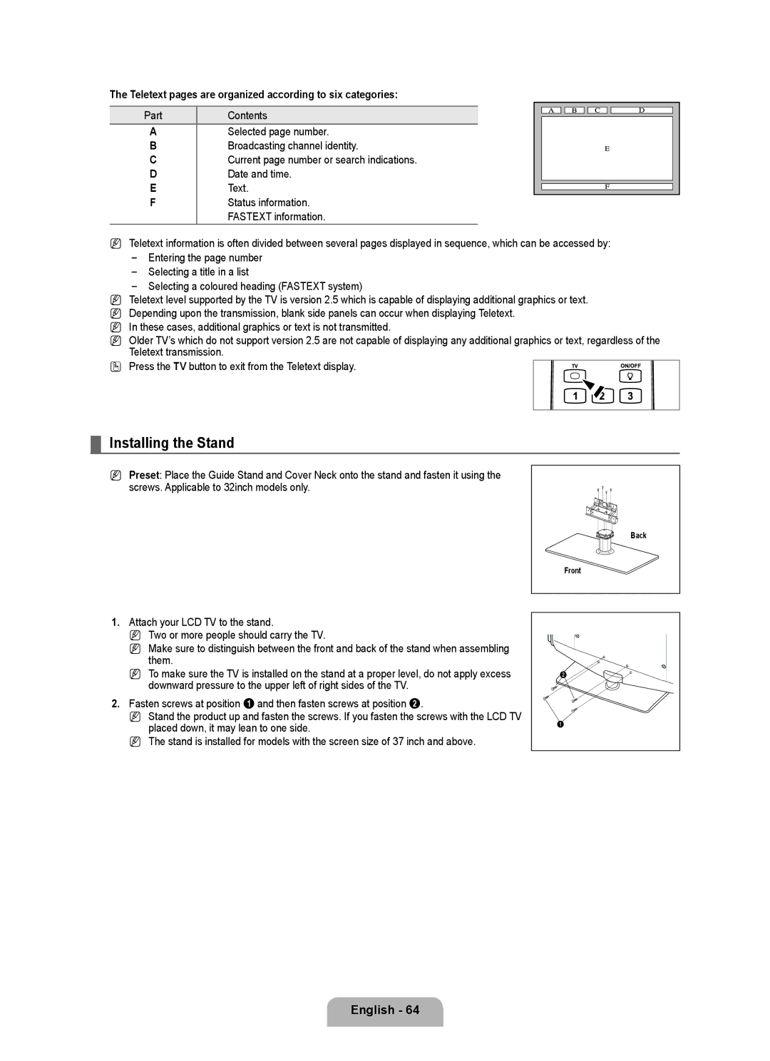 Samsung BN68-02017A-01 user manual Installing the Stand, Teletext pages are organized according to six categories, Part 