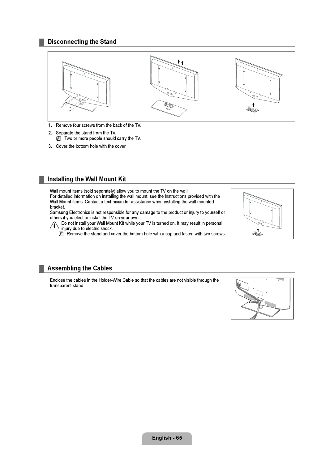 Samsung BN68-02017A-01 user manual Disconnecting the Stand, Installing the Wall Mount Kit, Assembling the Cables 