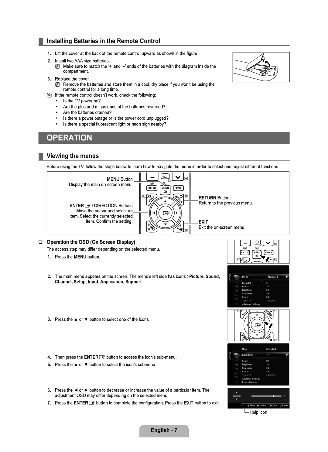 Samsung BN68-02017A-01 user manual Operation, Installing Batteries in the Remote Control, Viewing the menus 