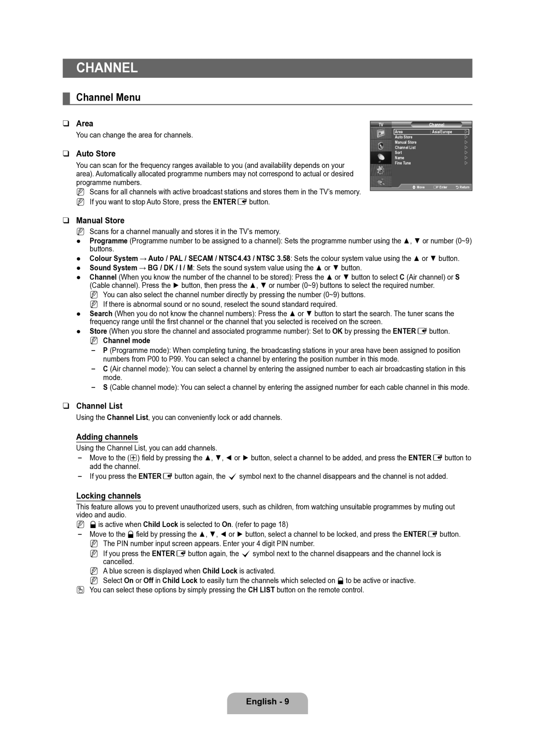 Samsung BN68-02101A-00 user manual Channel Menu 