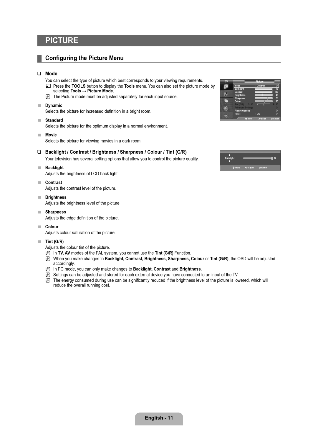 Samsung BN68-02101A-00 user manual Configuring the Picture Menu, Mode 