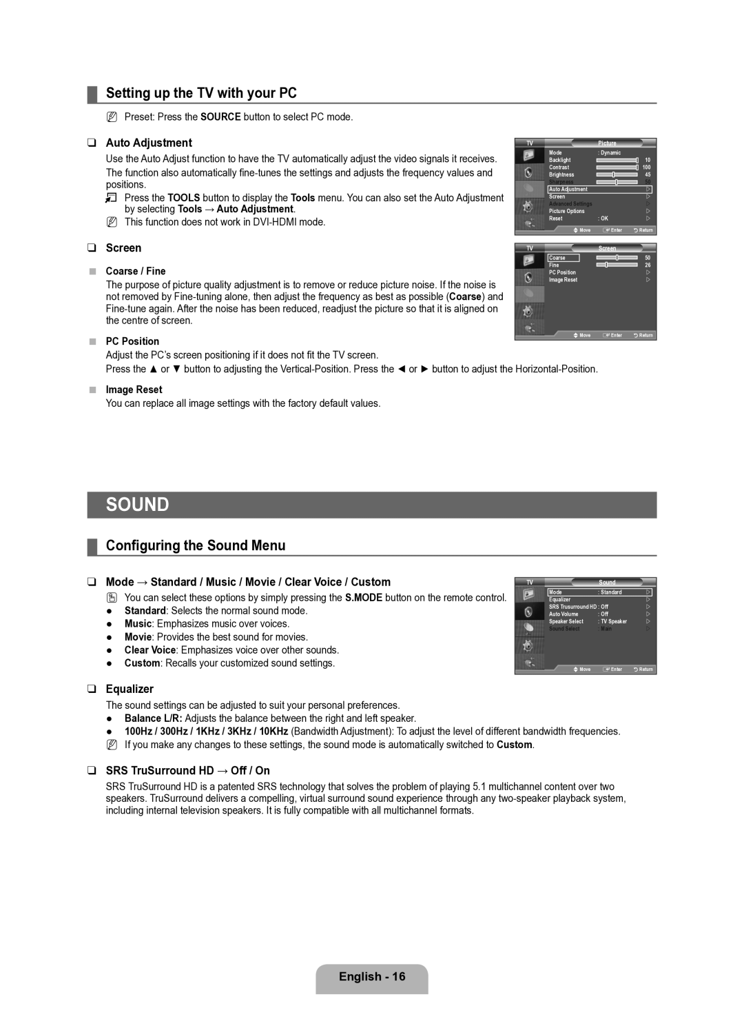 Samsung BN68-02101A-00 user manual Setting up the TV with your PC, Configuring the Sound Menu 