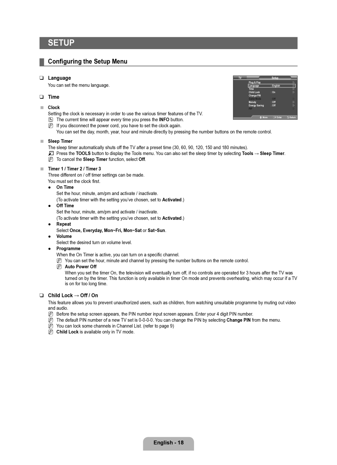 Samsung BN68-02101A-00 user manual Setup, Child Lock → Off / On 