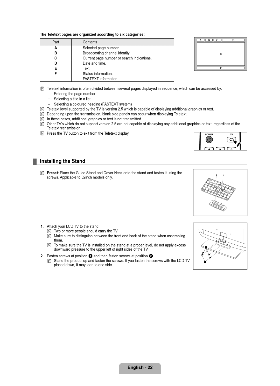 Samsung BN68-02101A-00 user manual Installing the Stand, Teletext pages are organized according to six categories 