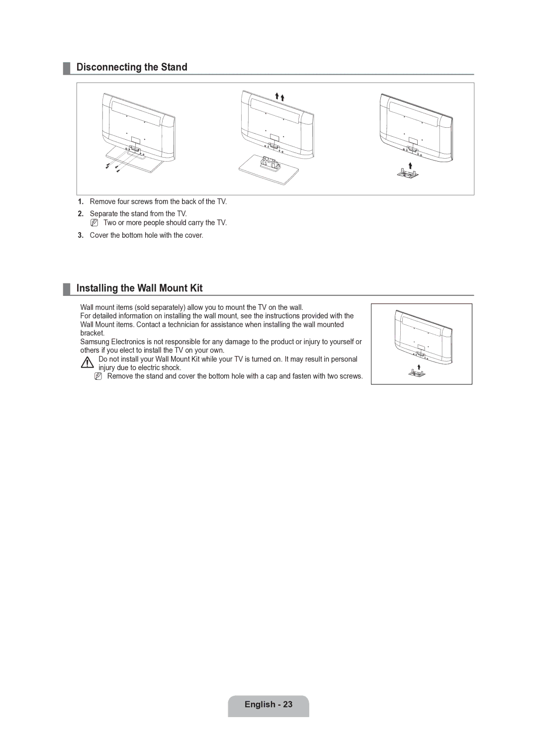 Samsung BN68-02101A-00 user manual Disconnecting the Stand, Installing the Wall Mount Kit 