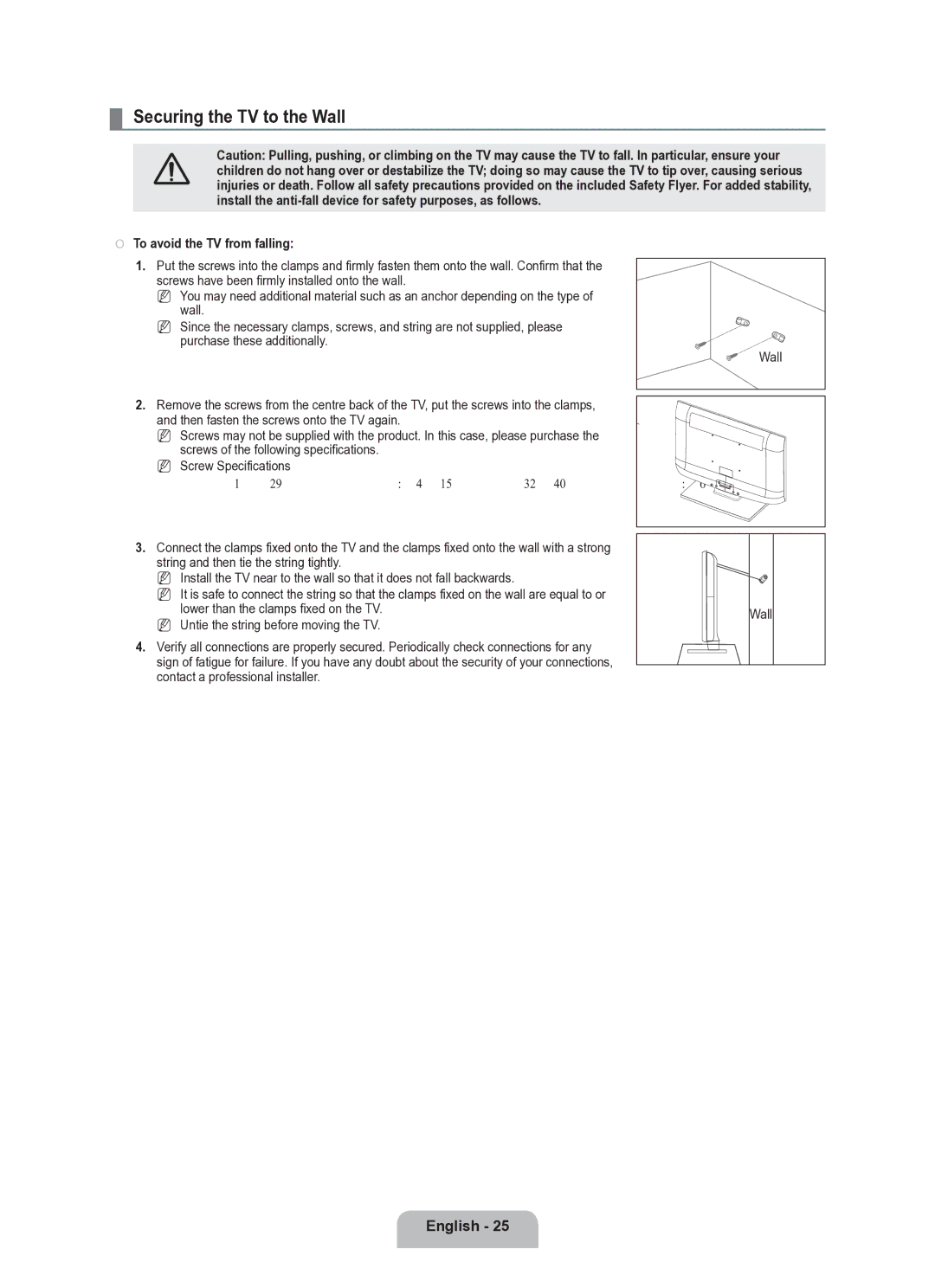 Samsung BN68-02101A-00 user manual Securing the TV to the Wall, To avoid the TV from falling 