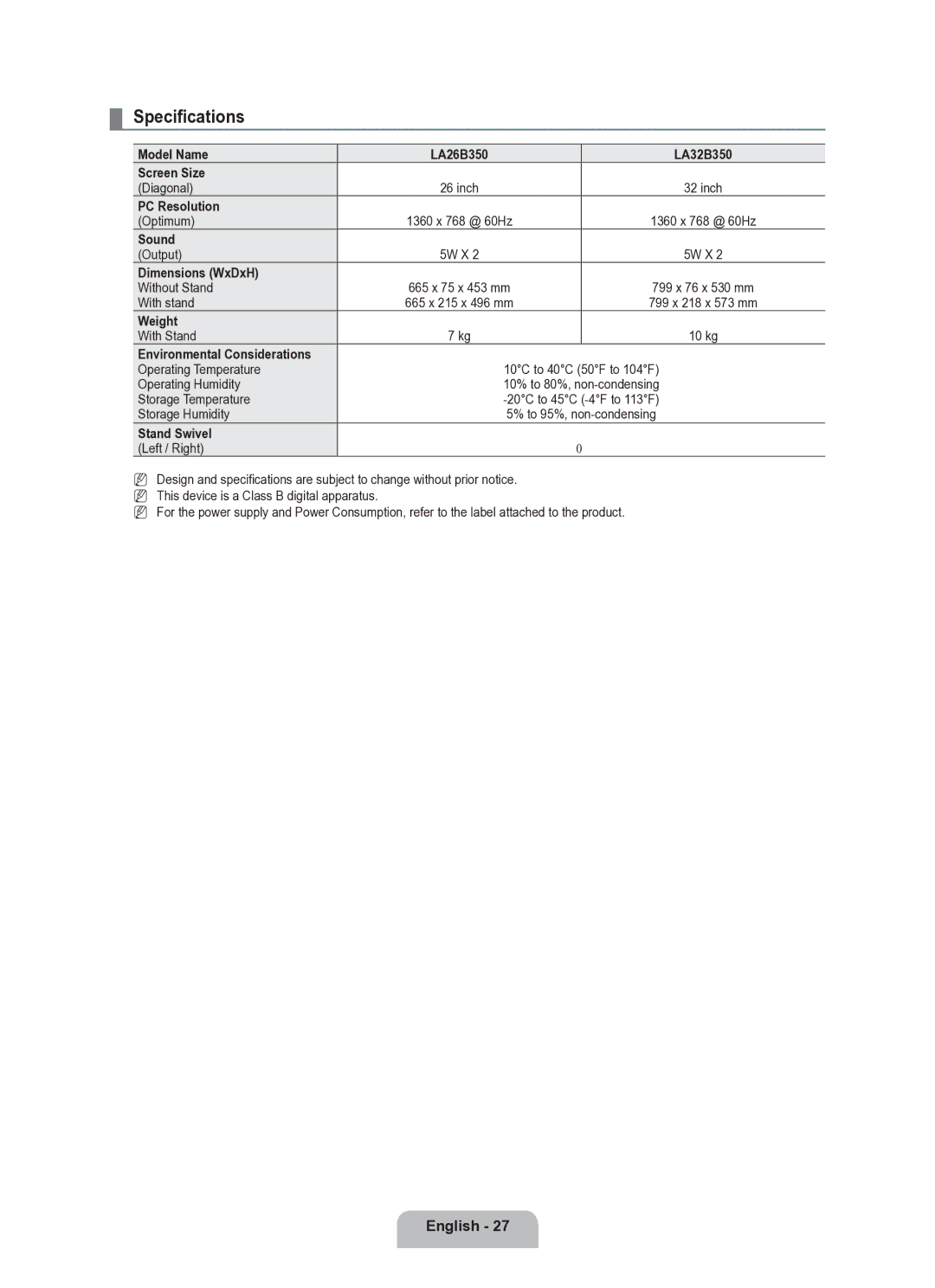 Samsung BN68-02101A-00 user manual Specifications 