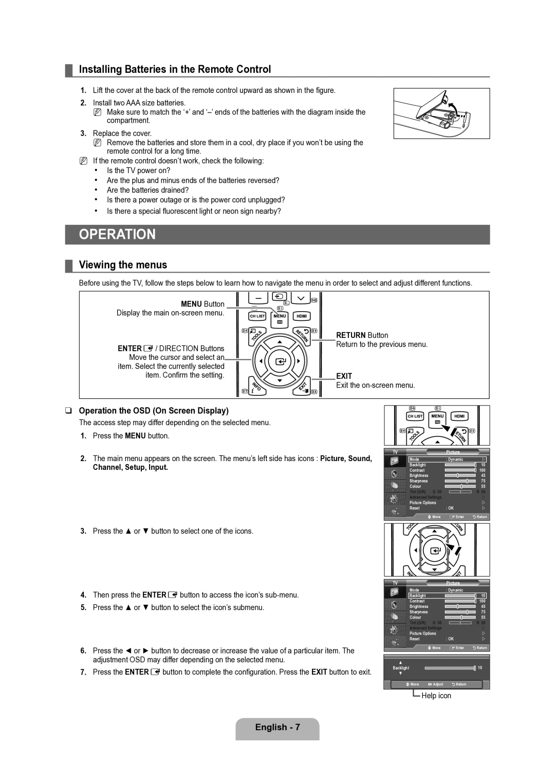 Samsung BN68-02101A-00 user manual Operation, Installing Batteries in the Remote Control, Viewing the menus 