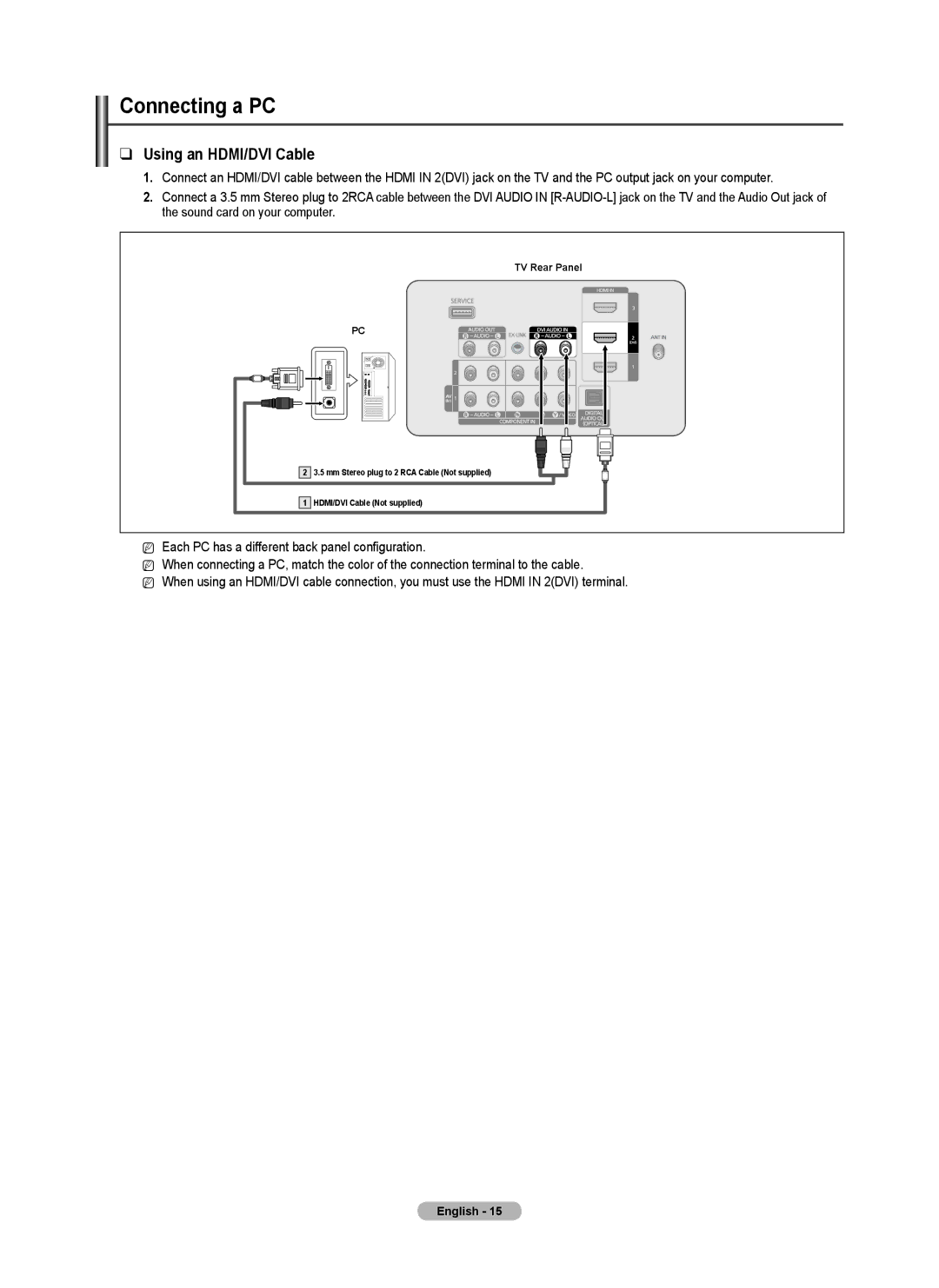 Samsung Series P5, BN68-02140A-00, PN50B50SF, PN58B530 user manual Connecting a PC, Using an HDMI/DVI Cable 