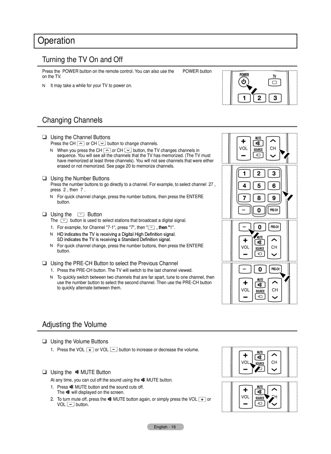 Samsung BN68-02140A-00, PN50B50SF, PN58B530 Operation, Turning the TV On and Off, Changing Channels, Adjusting the Volume 