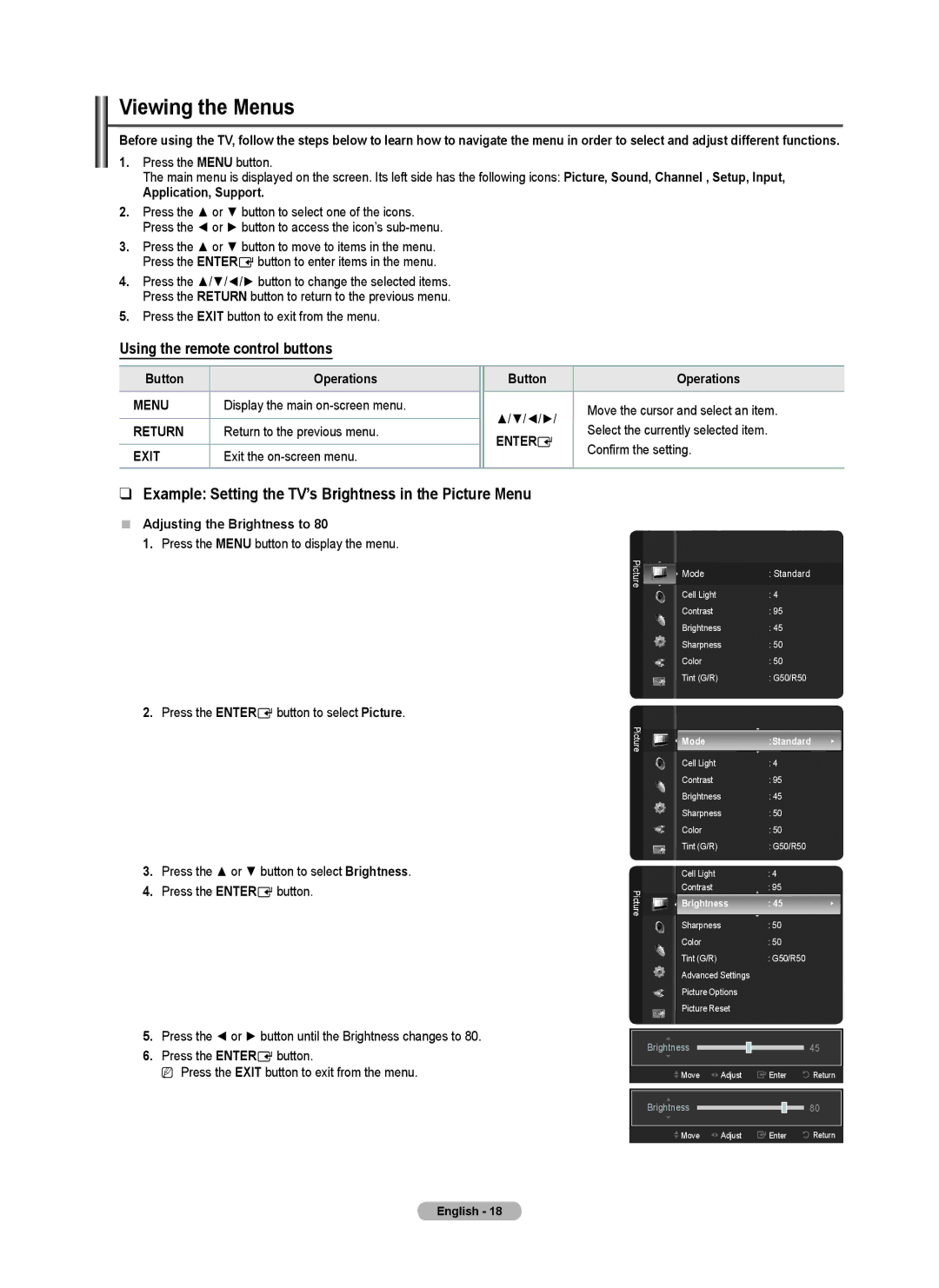 Samsung PN58B530 Viewing the Menus, Example Setting the TV’s Brightness in the Picture Menu, Application, Support 