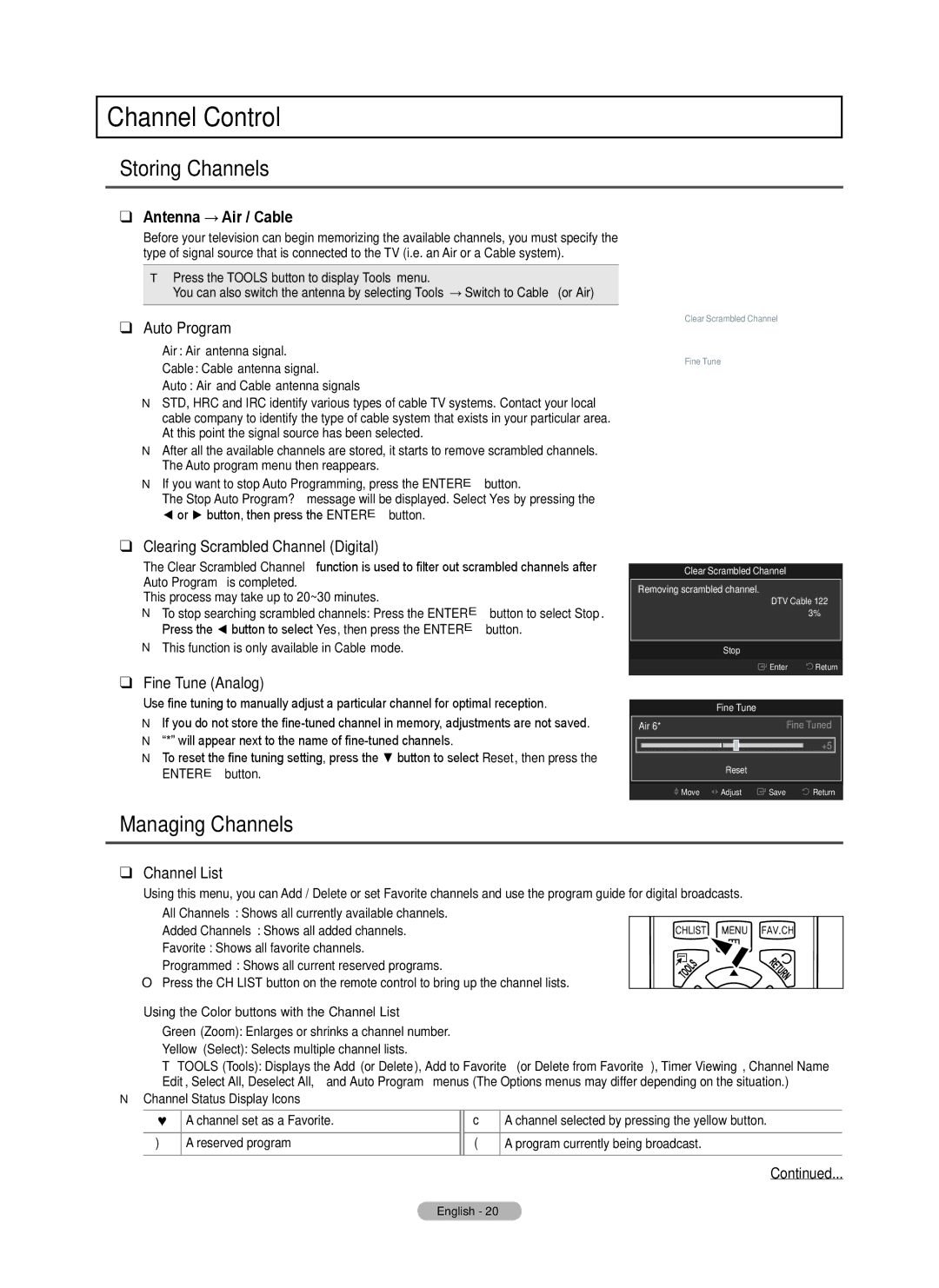 Samsung BN68-02140A-00, PN50B50SF, PN58B530, Series P5 user manual Channel Control, Storing Channels, Managing Channels 