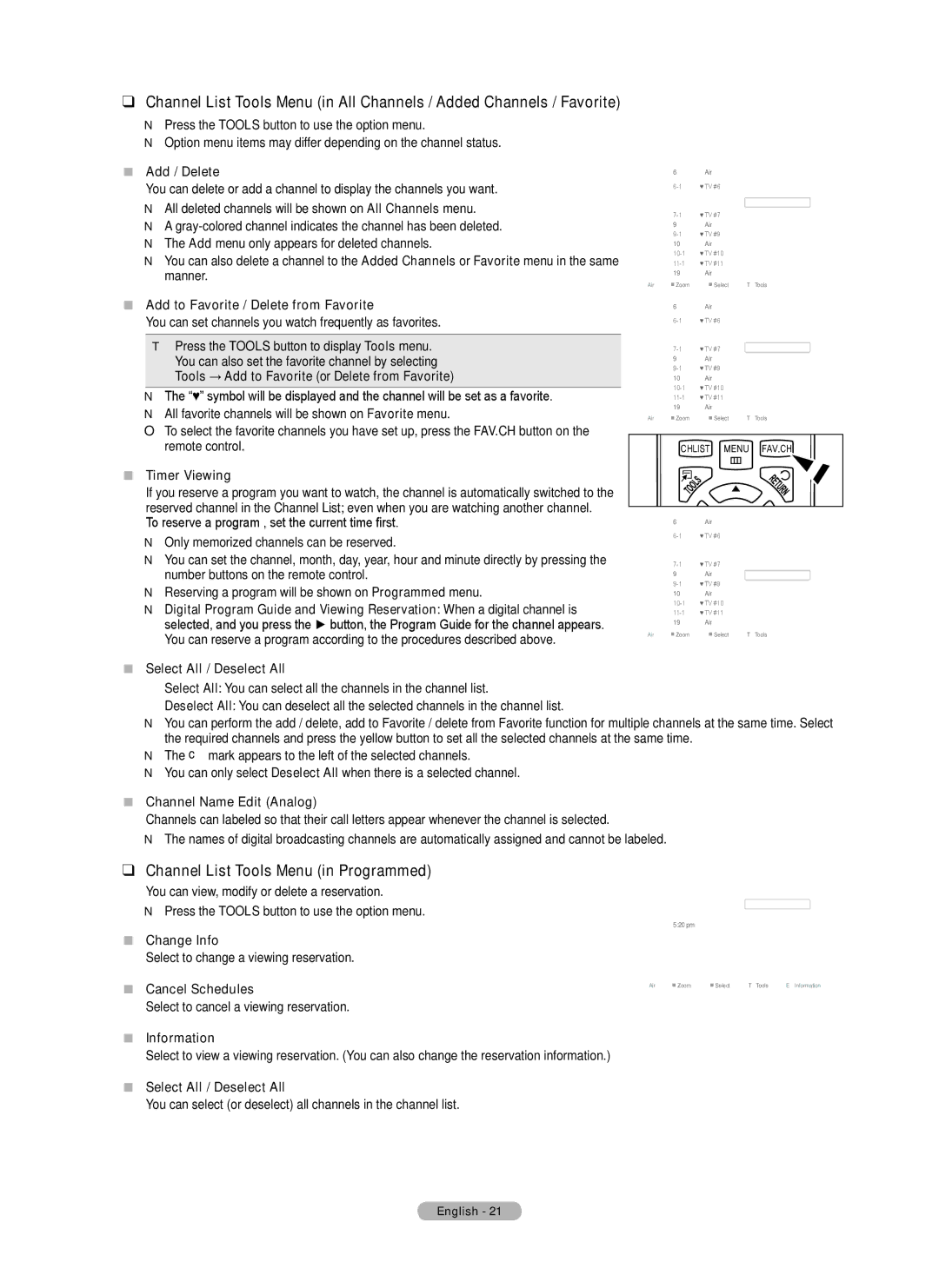 Samsung PN50B50SF, BN68-02140A-00, PN58B530, Series P5 user manual Channel List Tools Menu in Programmed 