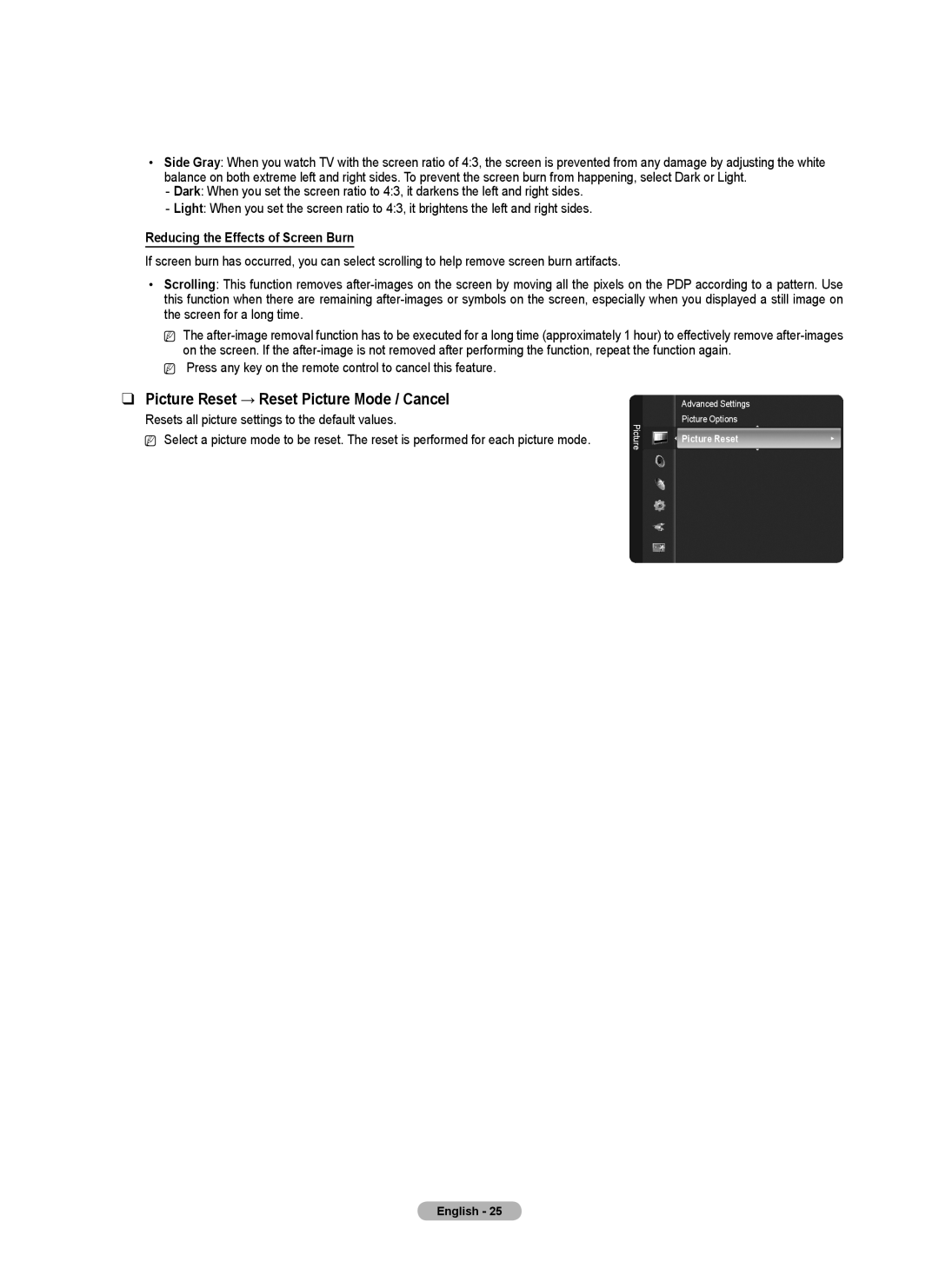 Samsung PN50B50SF, BN68-02140A-00 Picture Reset → Reset Picture Mode / Cancel, Reducing the Effects of Screen Burn 