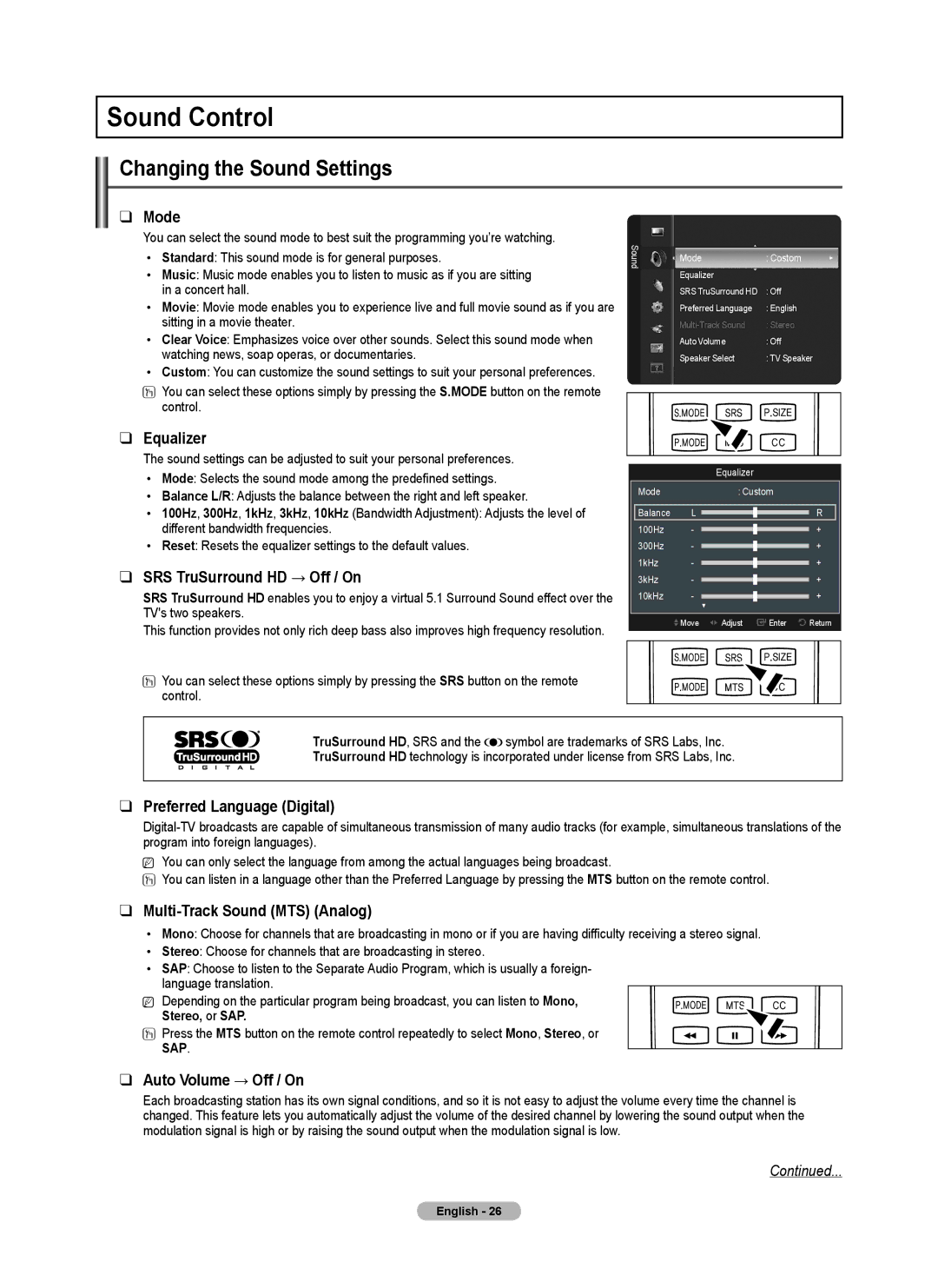 Samsung PN58B530, BN68-02140A-00, PN50B50SF, Series P5 user manual Sound Control, Changing the Sound Settings 