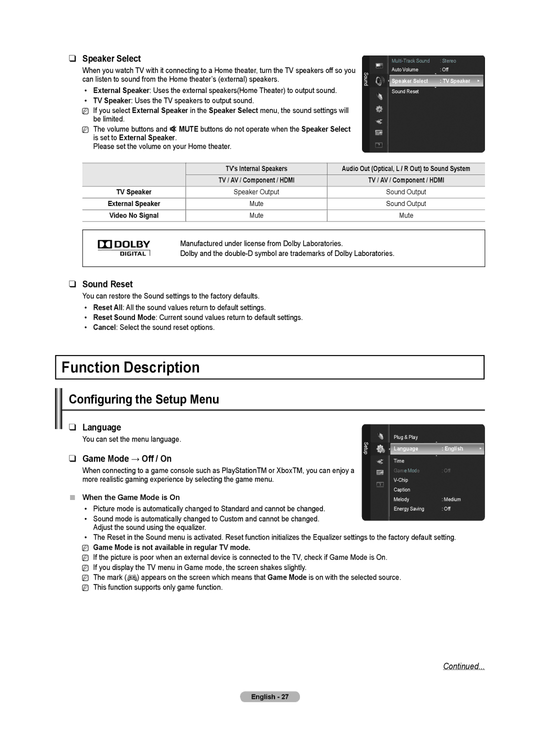 Samsung Series P5, BN68-02140A-00, PN50B50SF Function Description, Configuring the Setup Menu, Sound Reset, Language 