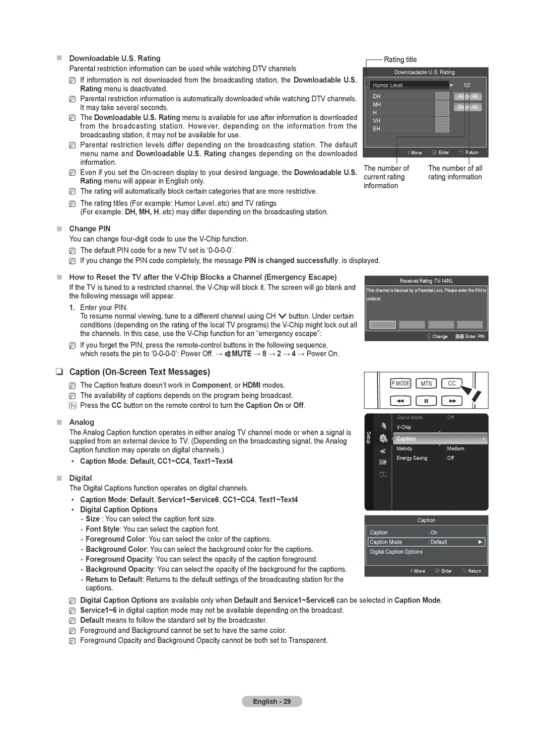 Samsung PN50B50SF, BN68-02140A-00, PN58B530, Series P5 user manual Caption On-Screen Text Messages,  Change PIN,  Analog 