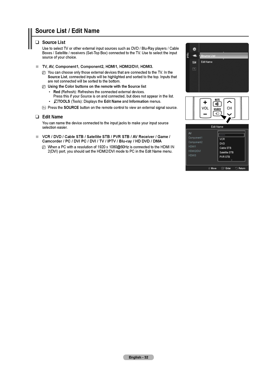 Samsung BN68-02140A-00, PN50B50SF Source List / Edit Name,  TV, AV, Component1, Component2, HDMI1, HDMI2/DVI, HDMI3 