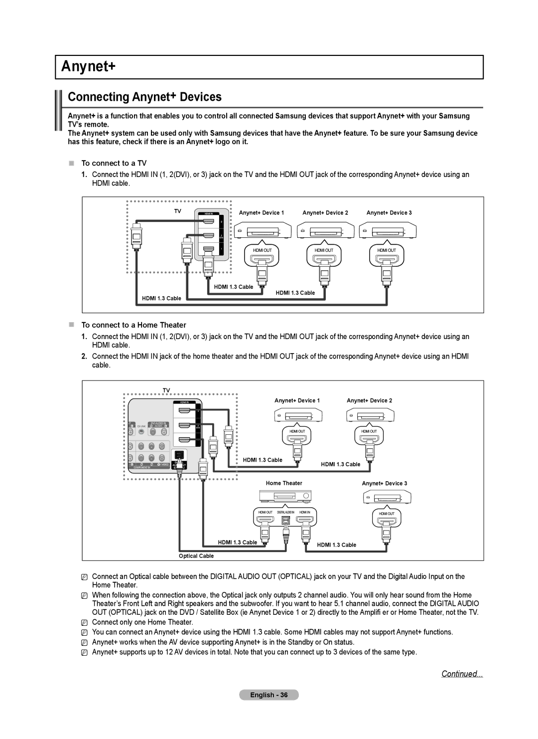 Samsung BN68-02140A-00 Connecting Anynet+ Devices,  To connect to a Home Theater, Connect only one Home Theater 