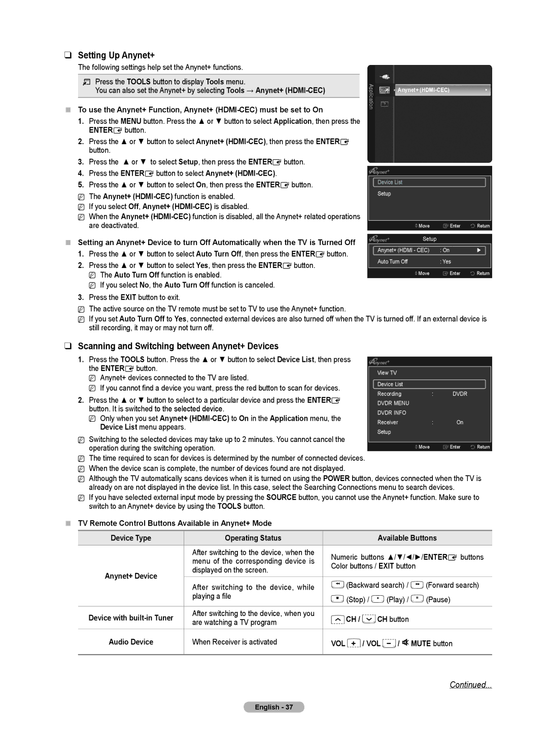 Samsung PN50B50SF, BN68-02140A-00, PN58B530, Series P5 Setting Up Anynet+, Scanning and Switching between Anynet+ Devices 